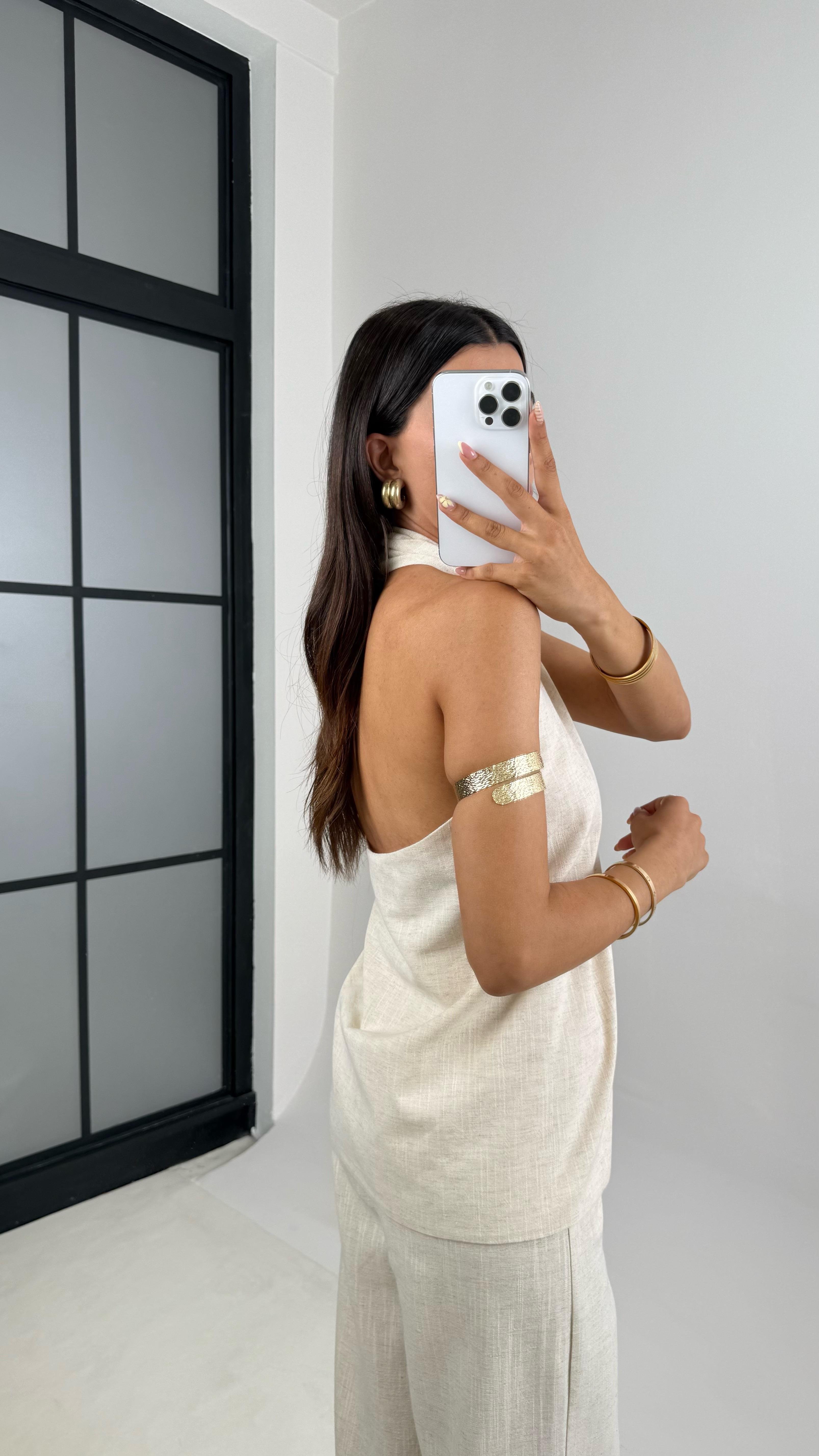 Taş Boyundan Bağlamalı Sırt Dekolteli Bluz Pantolon Tasarım İkili Keten Takım Gaus00684GausTAKIMGU1002579