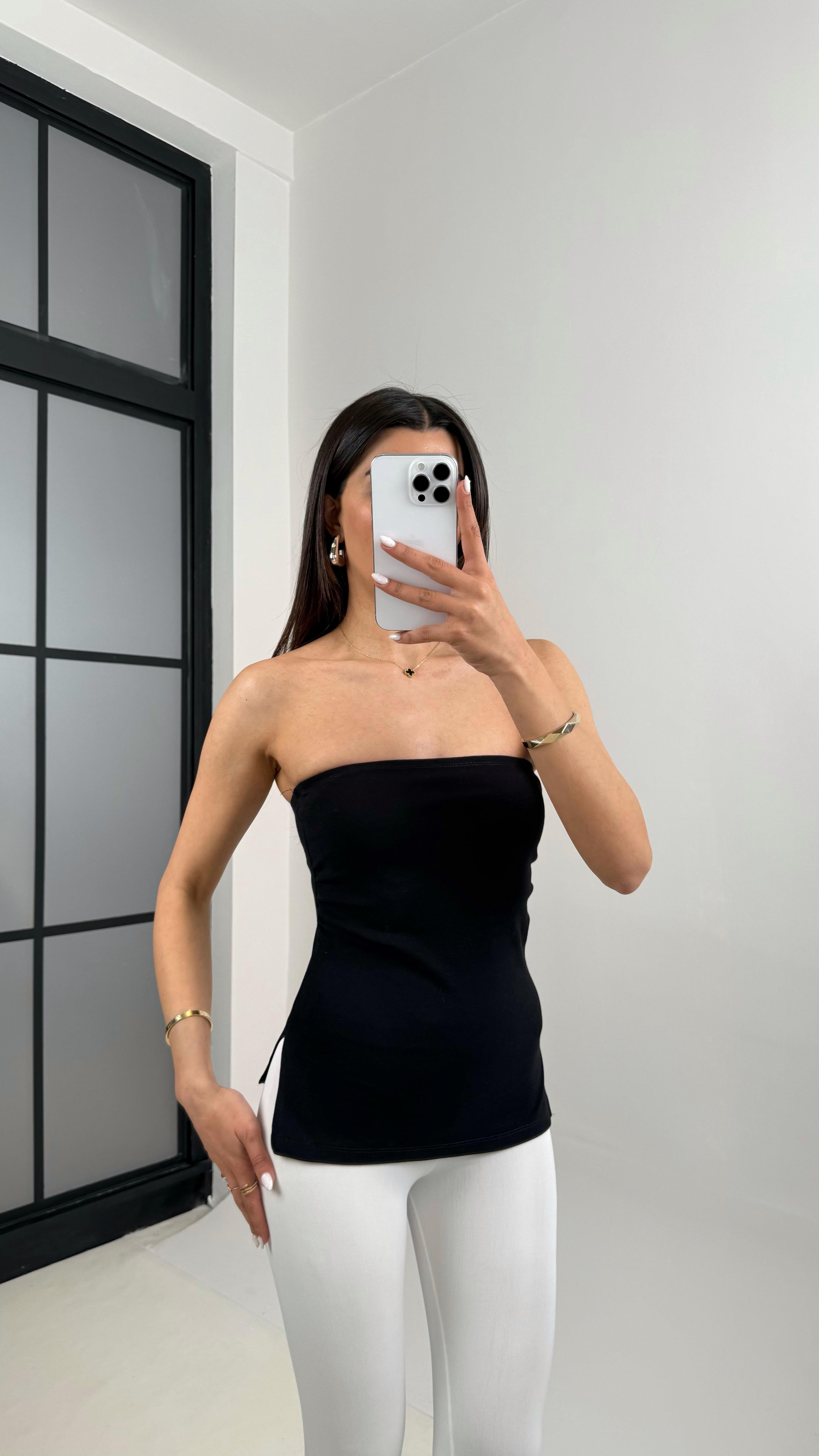 Siyah Yanları Yırtmaçlı Straplez Crop Gaus00368GausCROPGU1001858