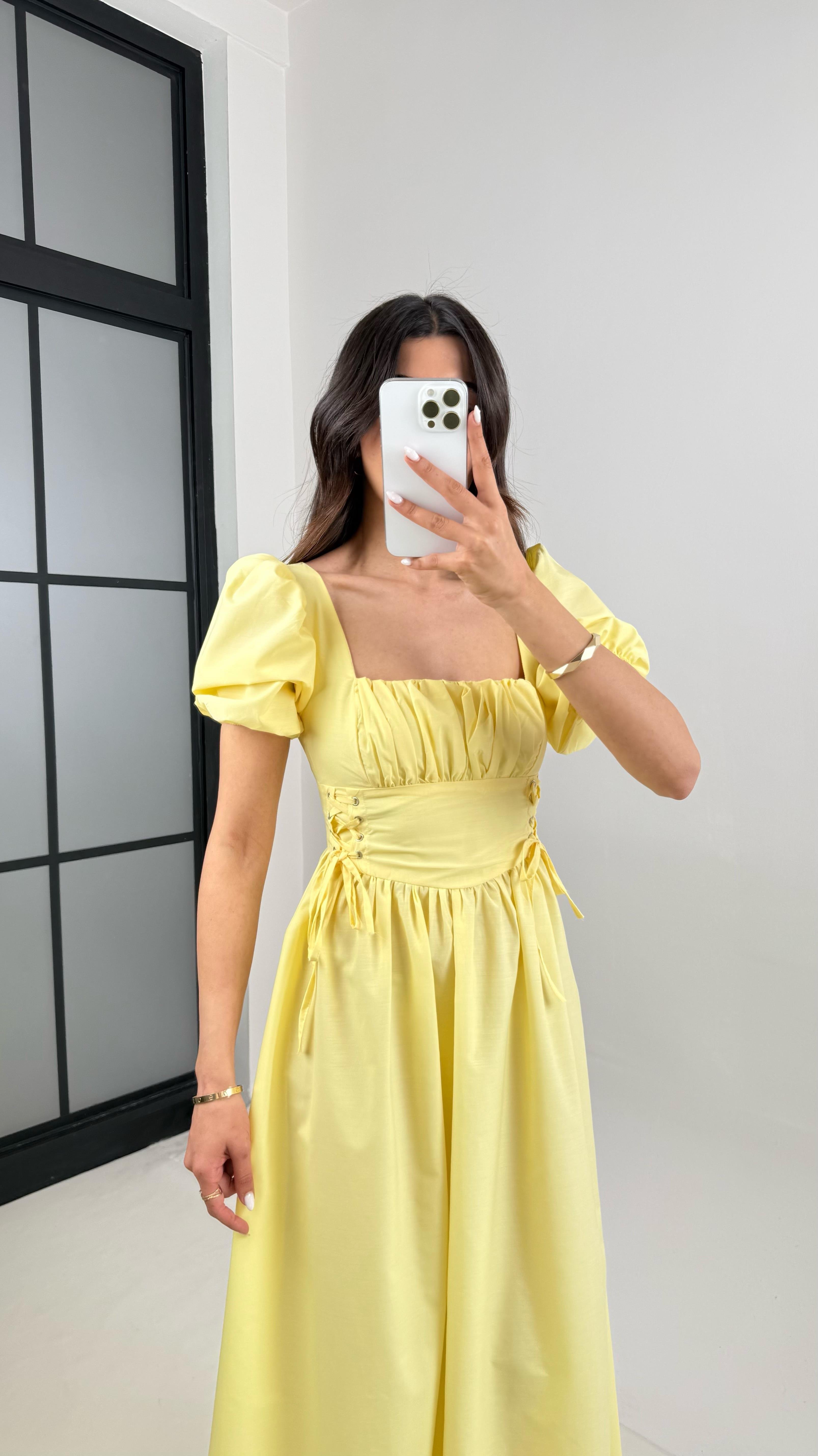 Sarı Balon Kol Önü Büzgülü İthal Kumaş Elbise Gaus00425GausELBİSEGU1001991