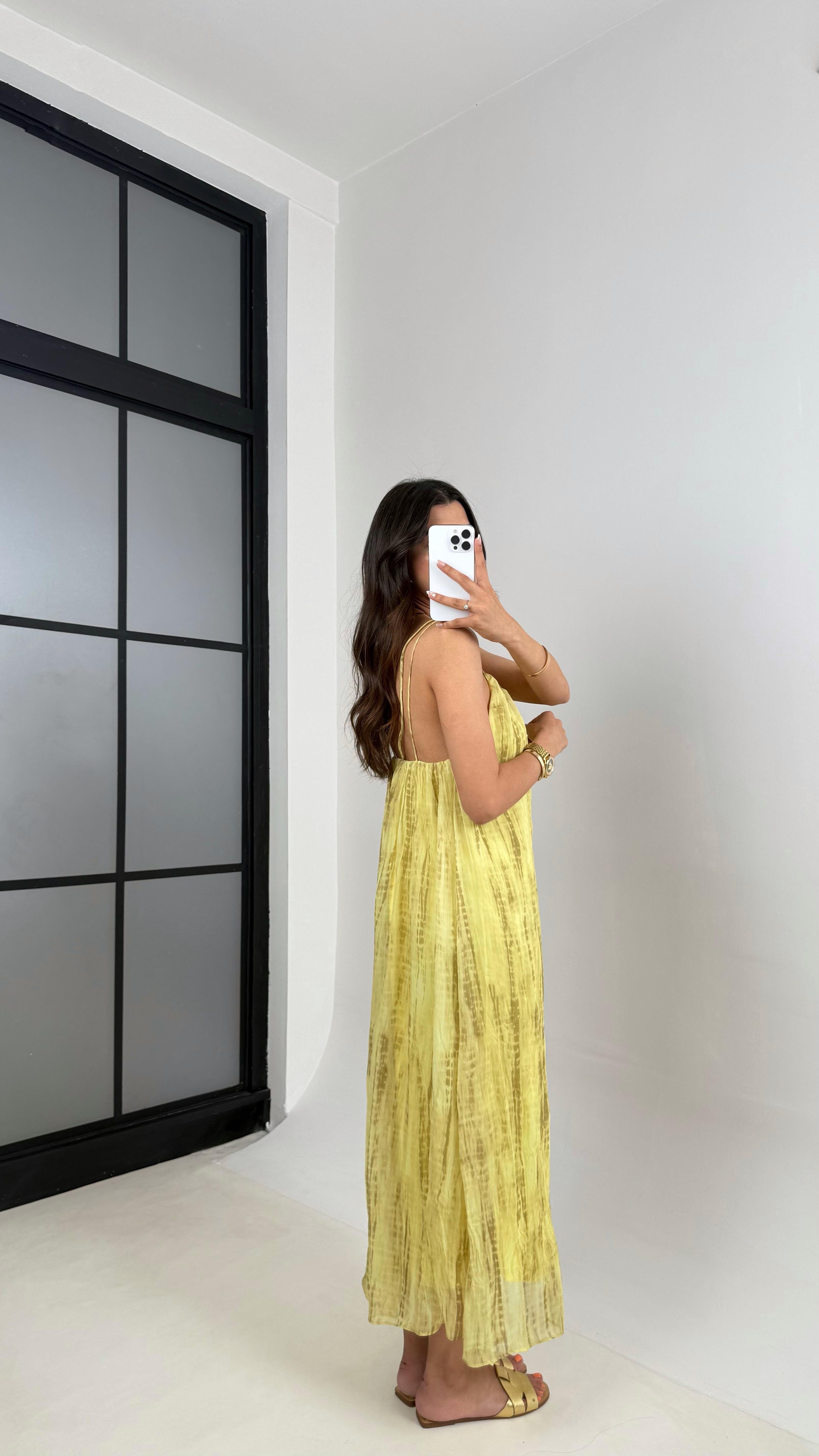 Sarı Askılı Gold Detaylı Astarlı Kırışık Kumaş Elbise Gaus00560GausELBİSEGU1002306