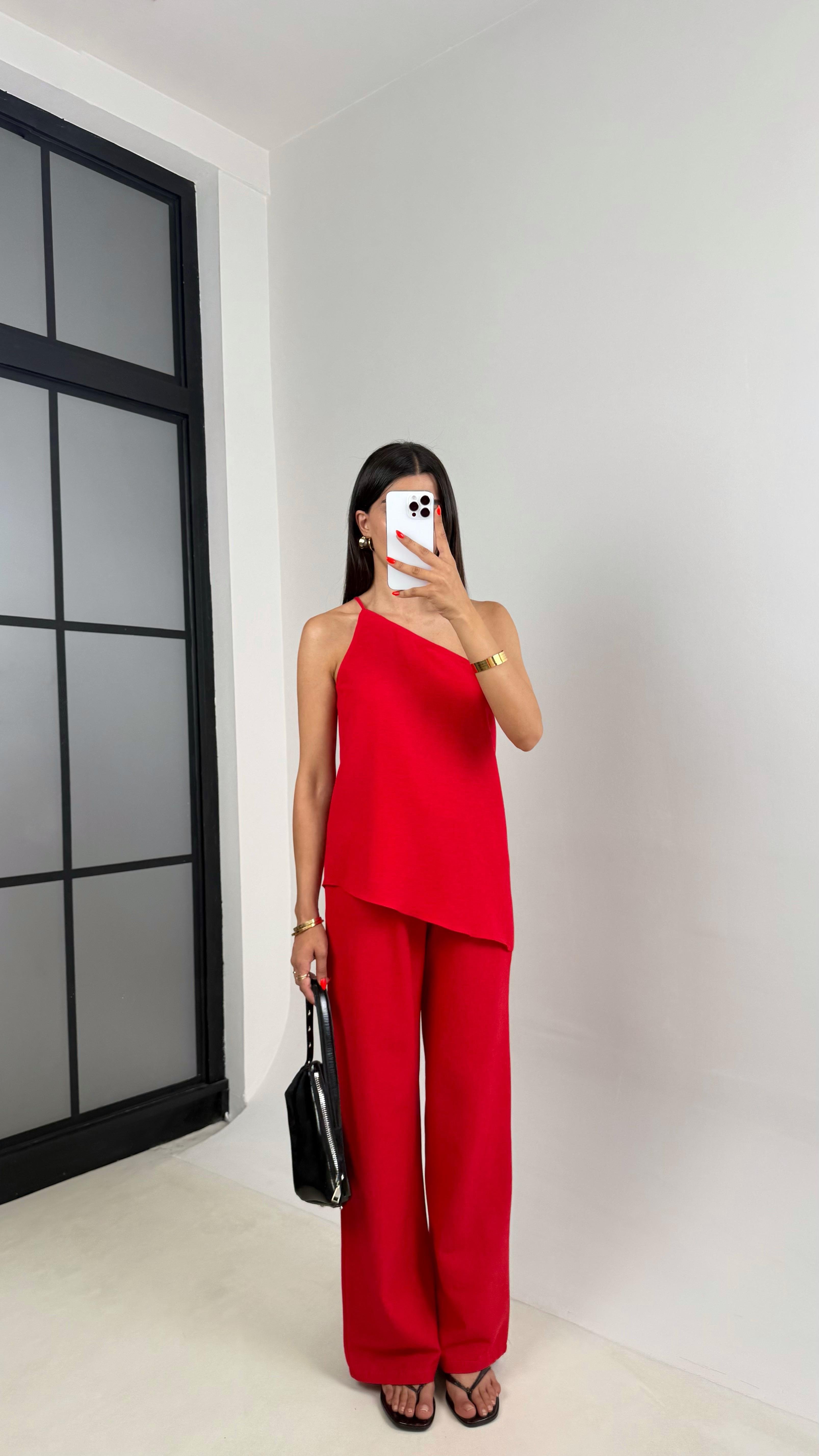 Kırmızı Tek Omuz Bluz Beli Lastlik Pantolon Keten Takım Gaus00696GAUSTAKIMGaus00696