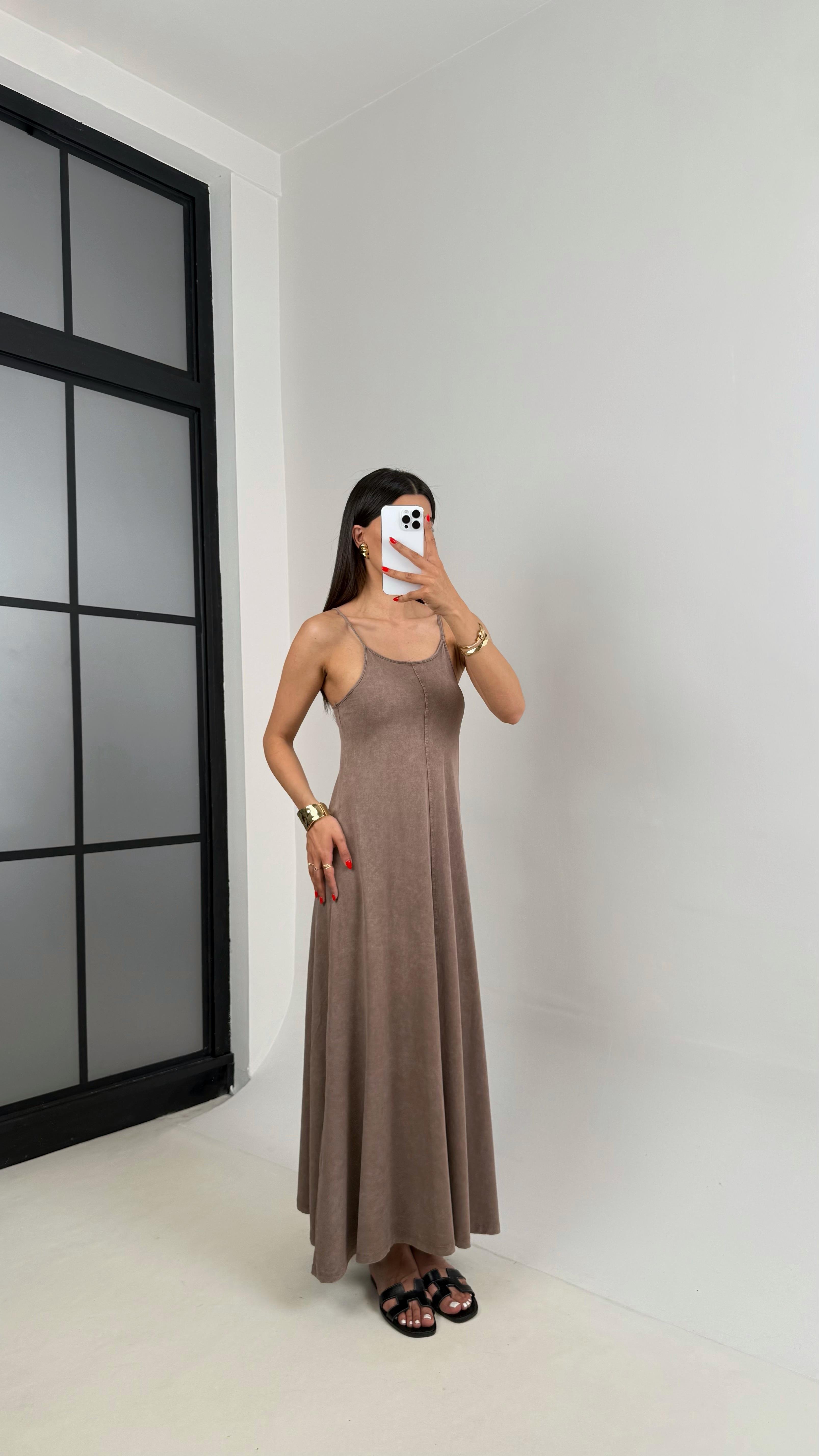 Kahve Yıkamalı Basic Ayarlanabilir Askılı Modal Kumaş Elbise Gaus00472GausELBİSEGU1002104