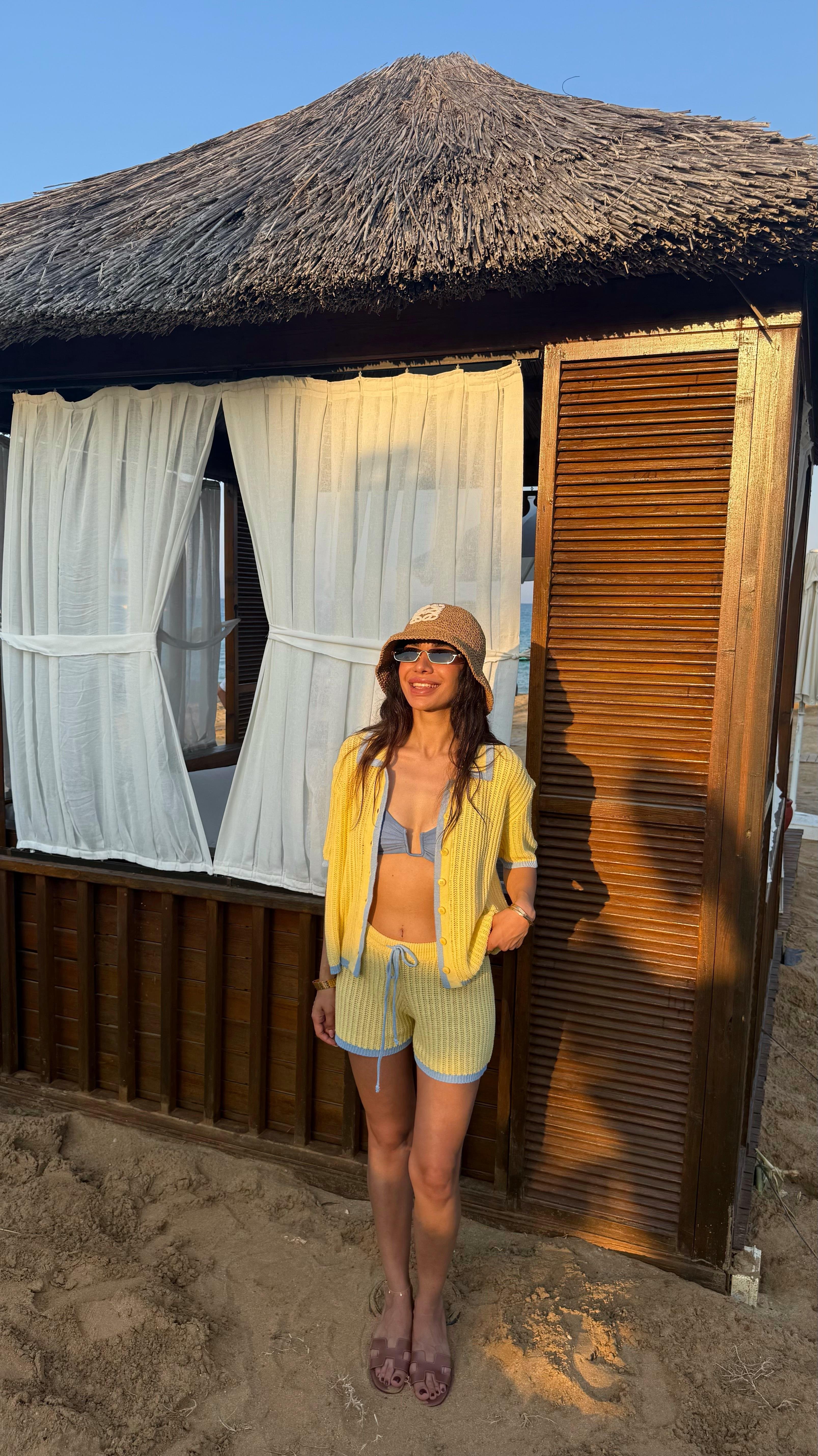 Beyaz Önden Bağlamlı Beli Lastikli Bluz Etek İkili Kırışık Tencel Takım Gaus00655GausTAKIMGU1002519