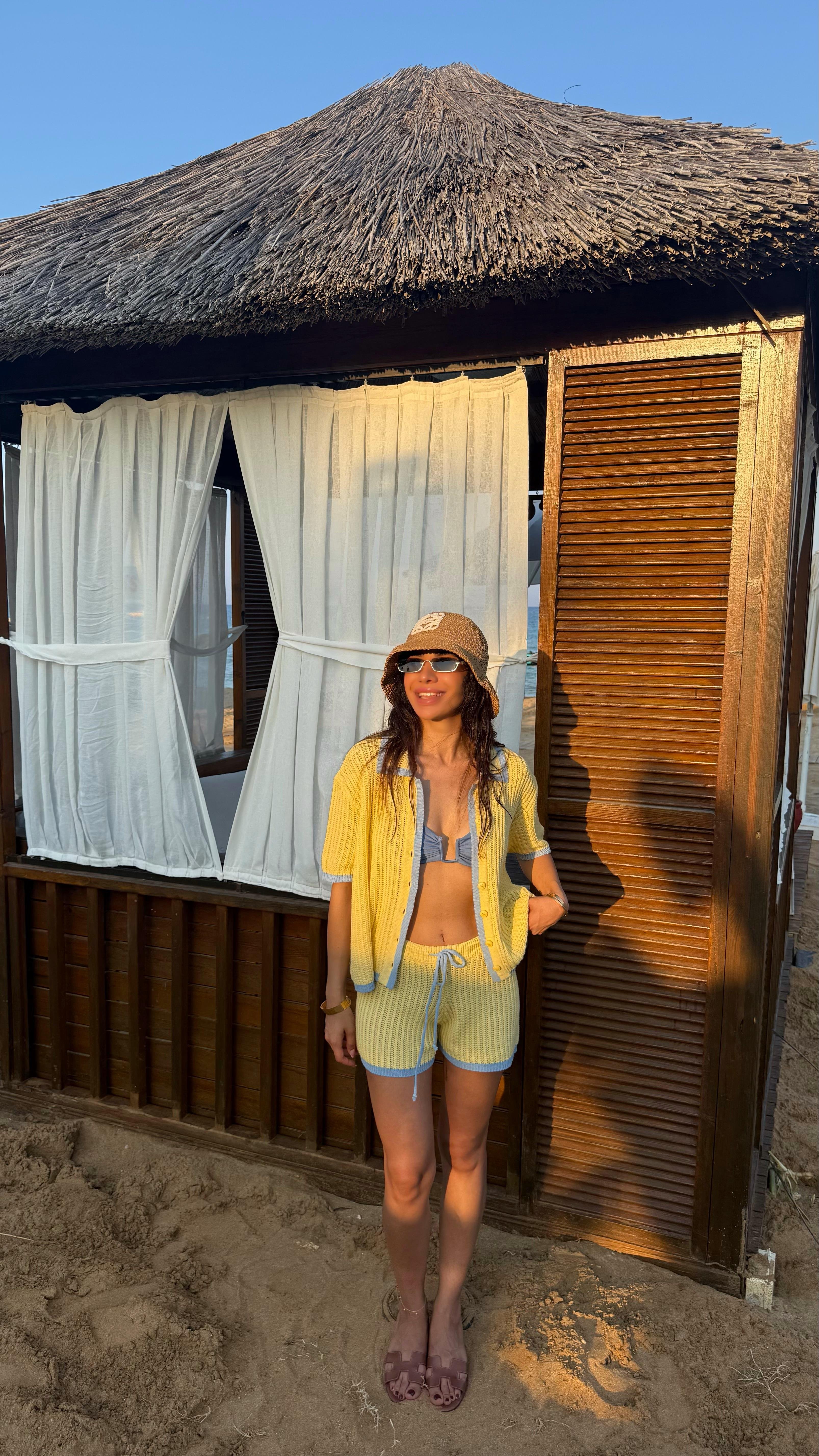 Beyaz Önden Bağlamlı Beli Lastikli Bluz Etek İkili Kırışık Tencel Takım Gaus00655GausTAKIMGU1002519