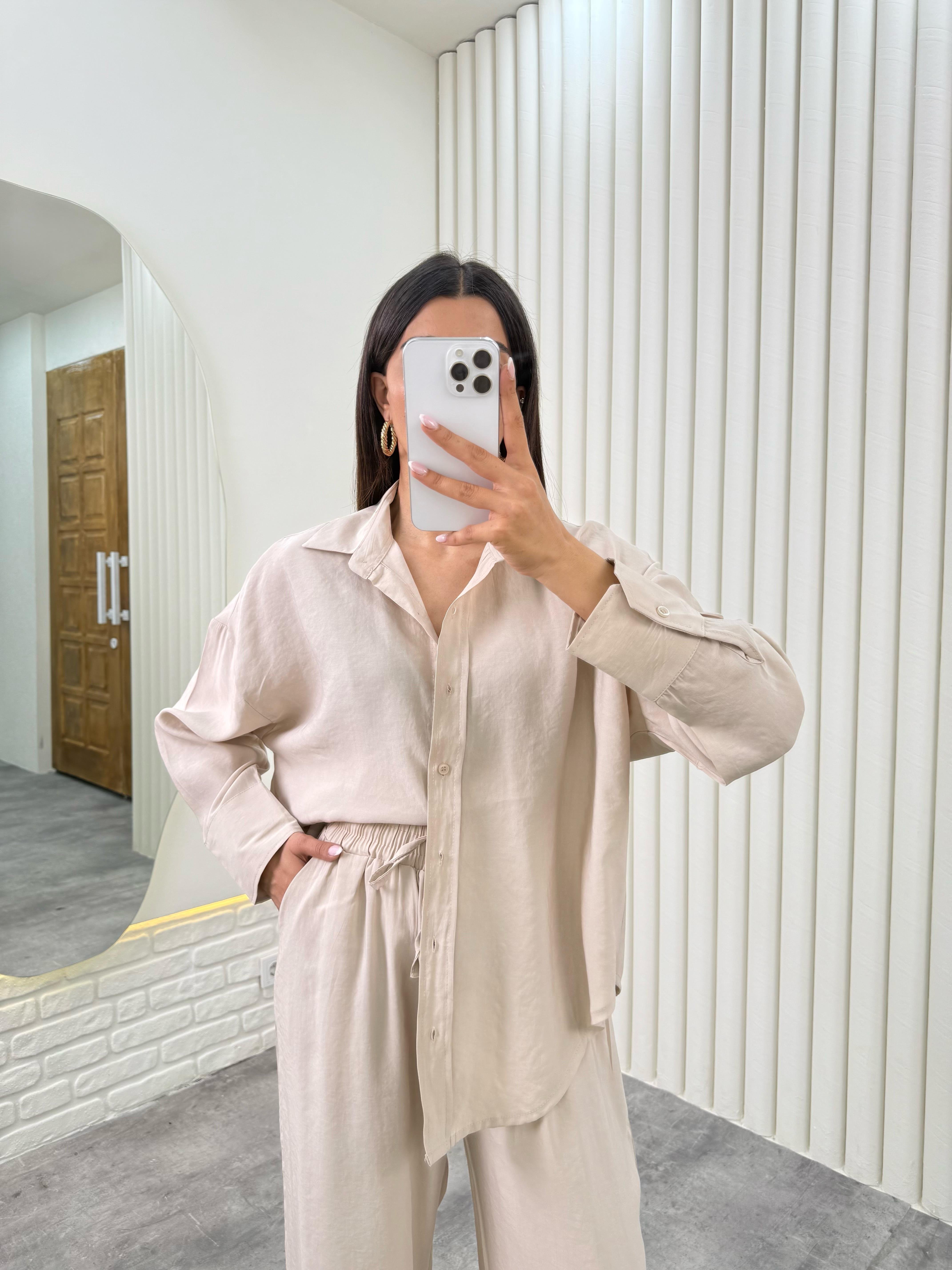 Taş  Gömlek Beli Lastikli Pantolon Premium Tensel Takım Gaus00322GausTAKIMGU1001747