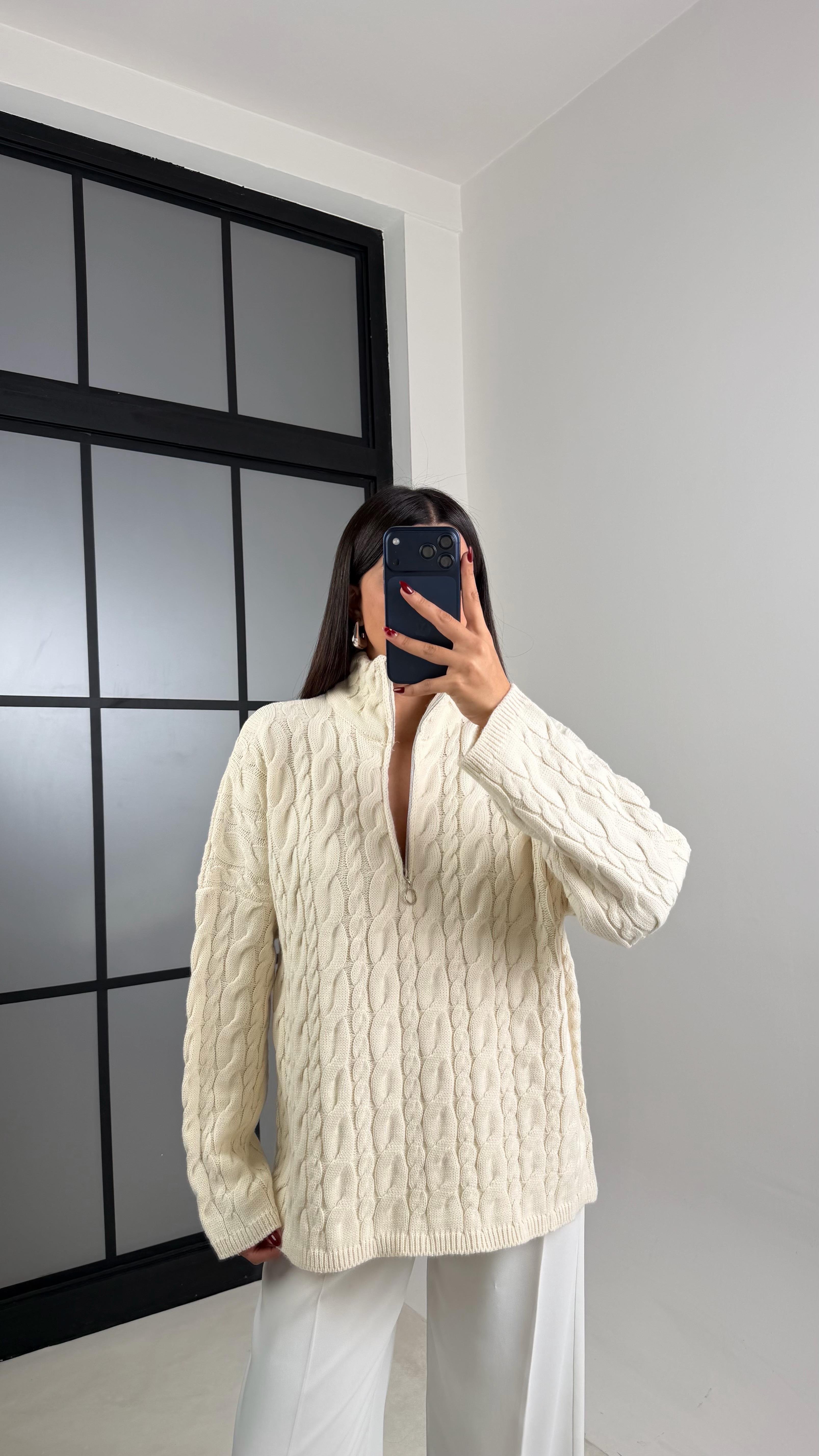 Ekru Fermuarlı Örgü Kazak GAUS-00213GAUS الكنزات GAUS-00213