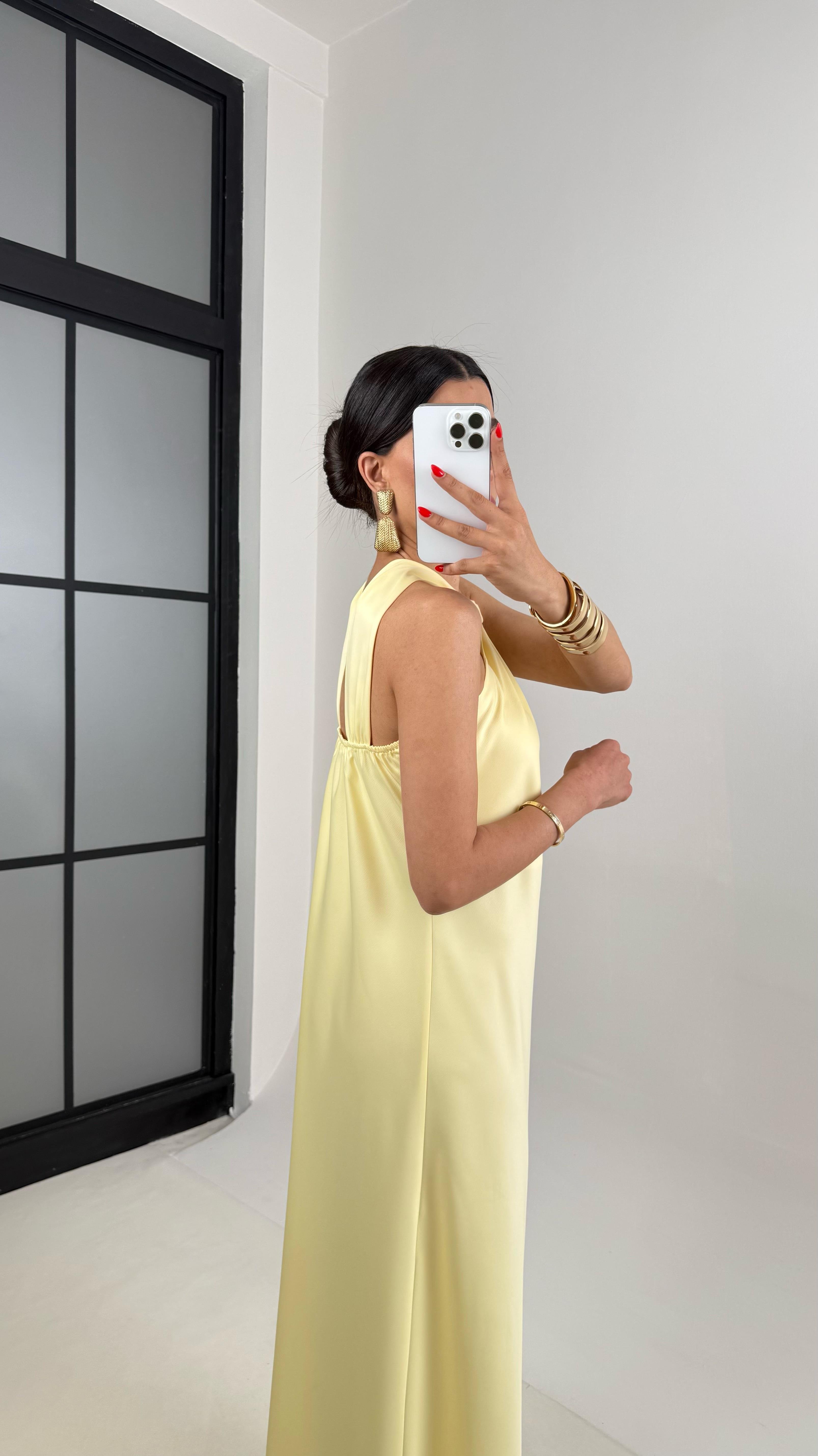 Sarı Bağlama Detaylı Saten Elbise Gaus00503GausELBİSEGU1002181