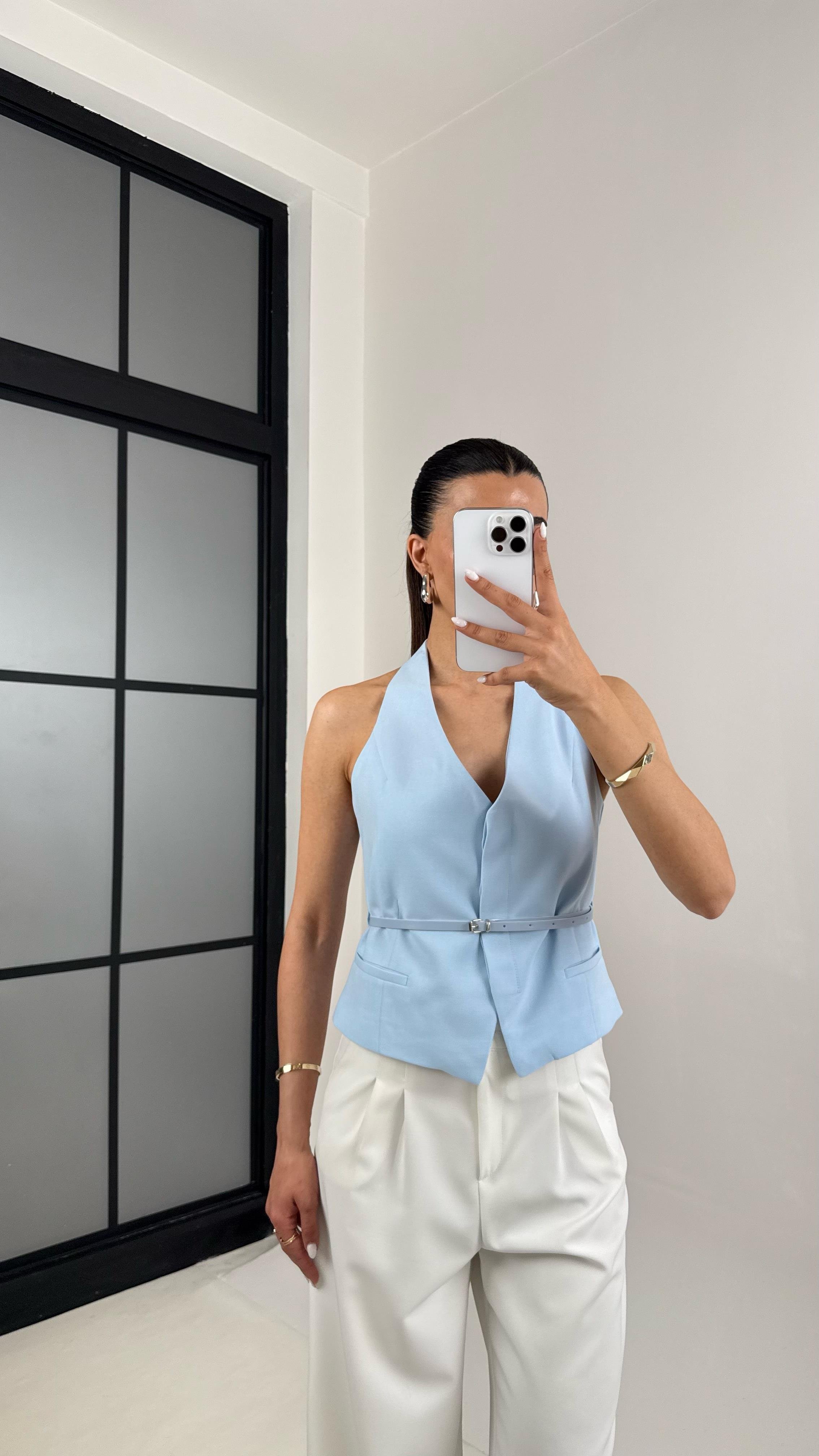 Mavi Önü Düğmeli Kemerli Tasarım Yelek Gaus00420GausYELEKGU1001985