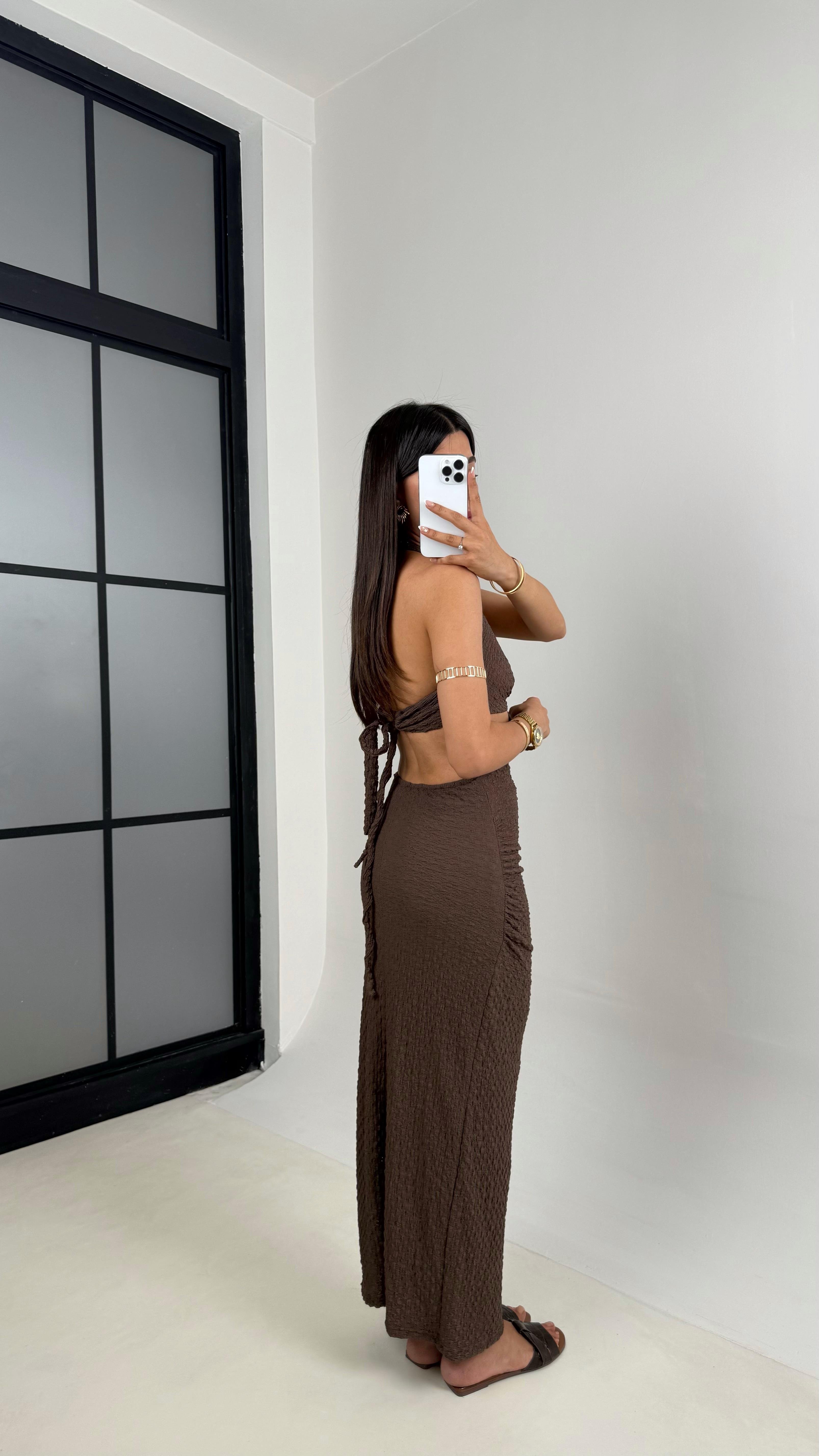 Kahve Boyundan Bağlamalı Astarlı Gold Yıldız Tokalı Dekolteli Bürümcük Elbise Gaus00582GausELBİSEGU1002358