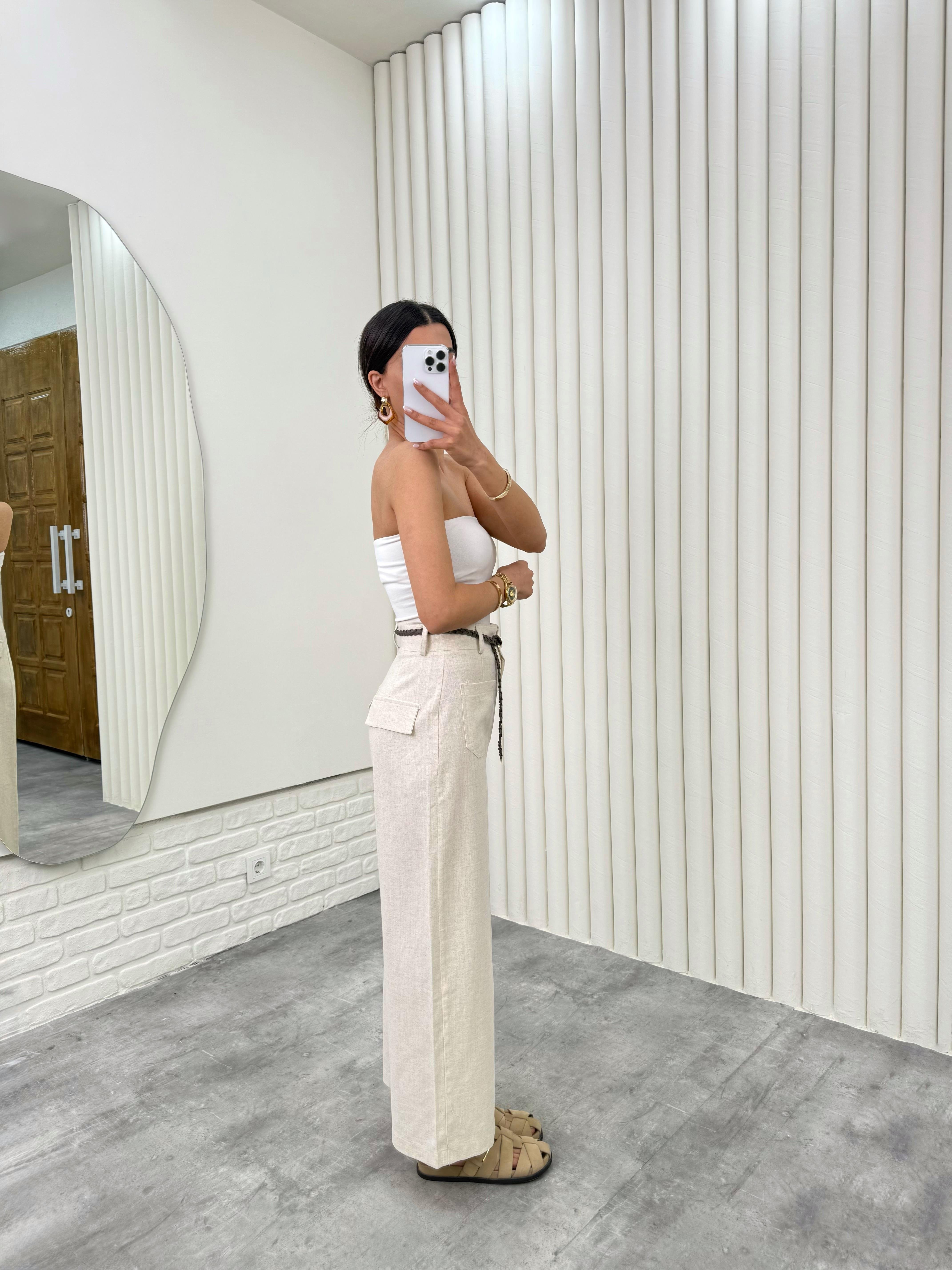 Taş Örgü Kemerli Cepli Keten Pantolon Gaus00332GausPANTOLONGU1001770