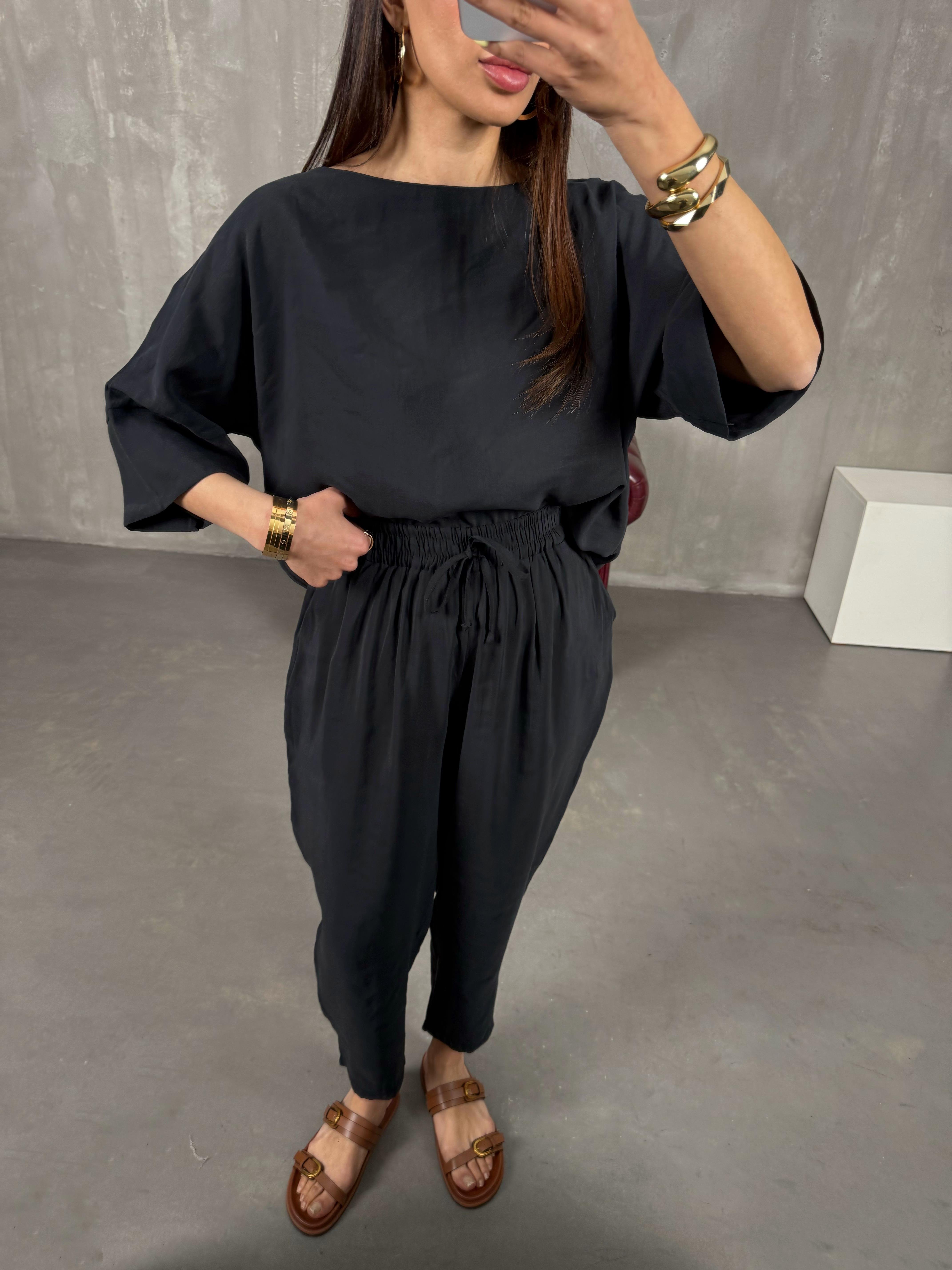 Siyah Bisiklet Yaka Kırışık Tensel Takım Gaus00132GausTAKIMGU1001298