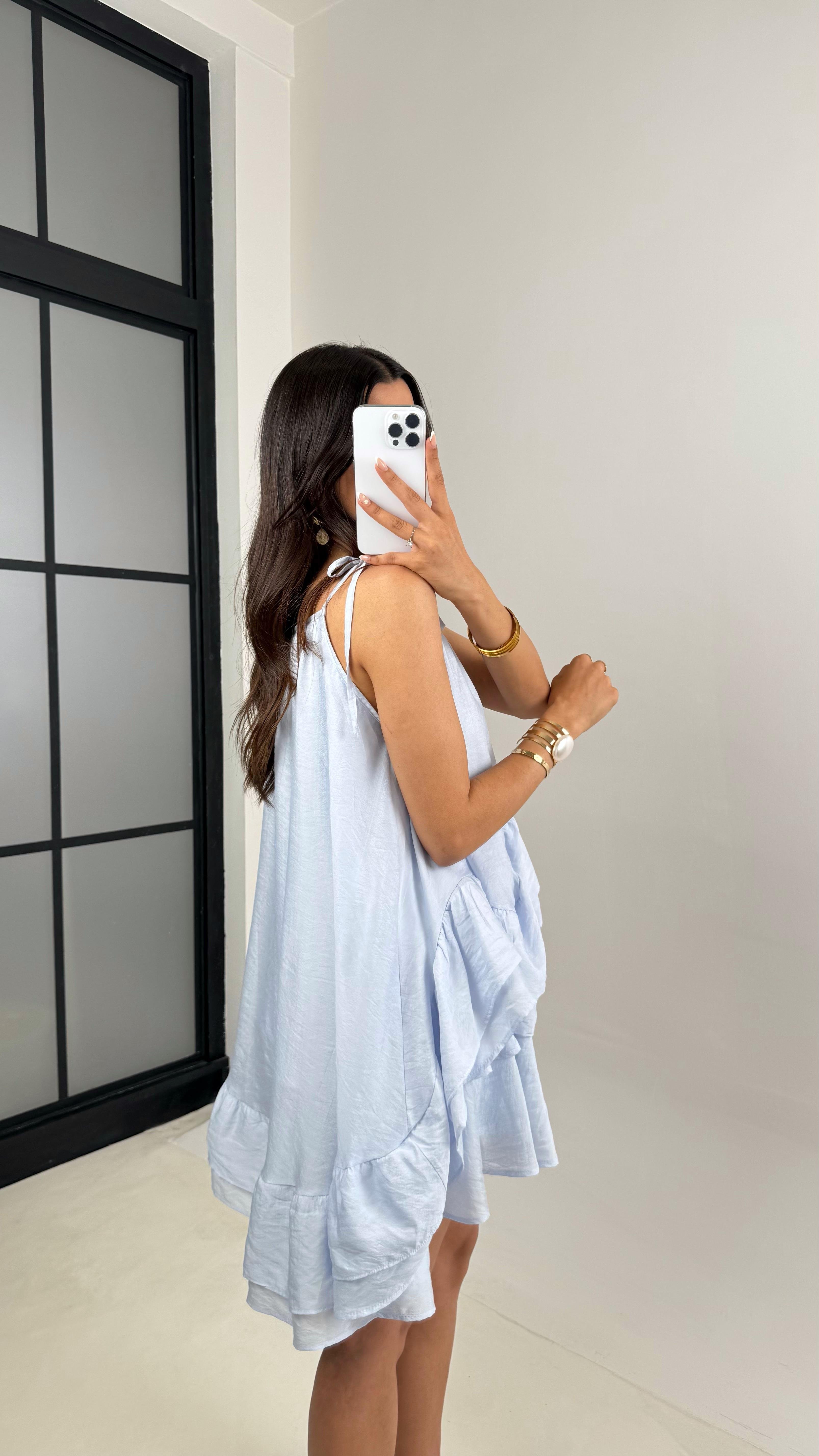 Açık Mavi Ayarlanabilir Askılı Astarlı Katlı Şifon Elbise Gaus00632GausELBİSEGU1002475