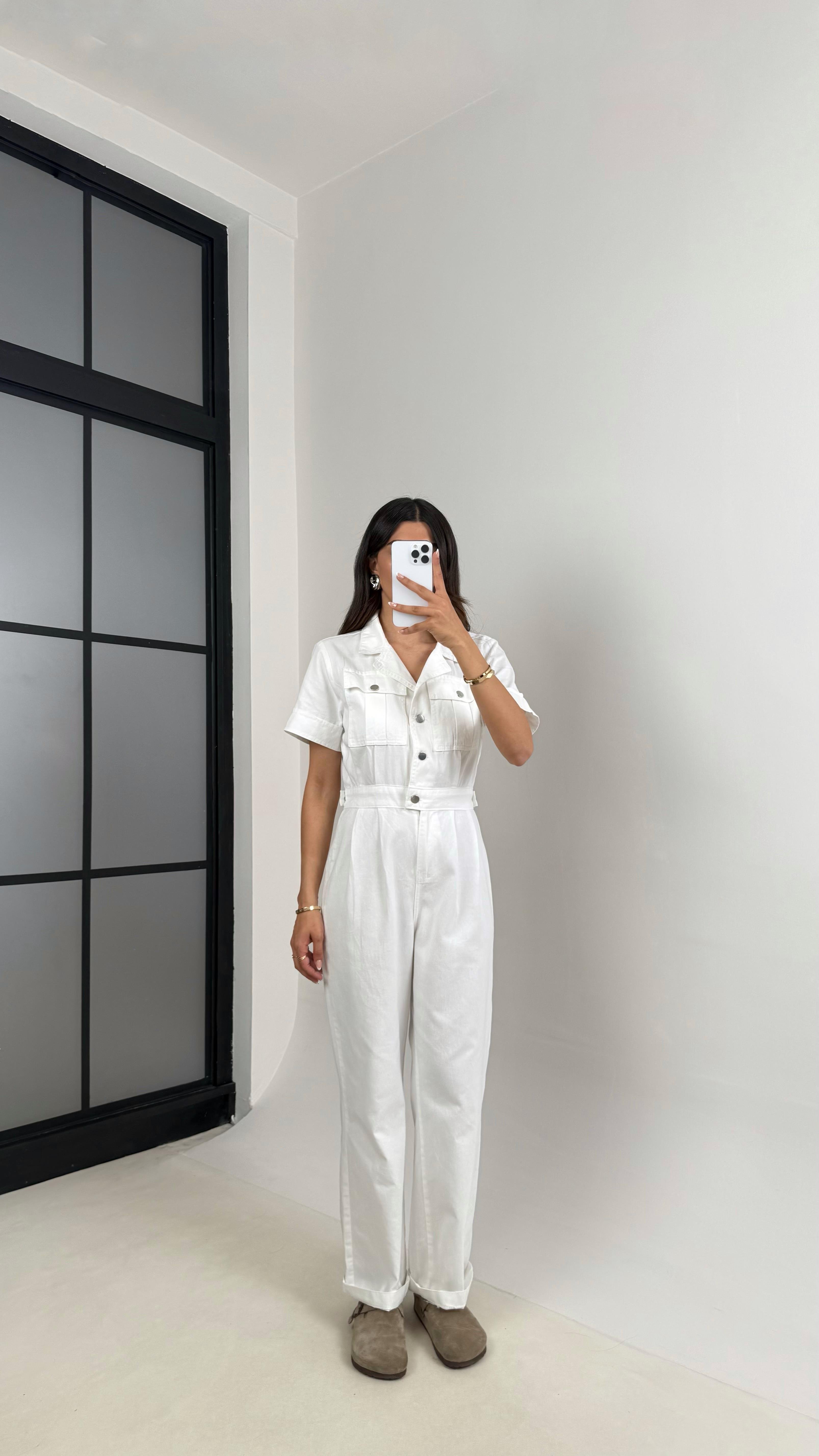 Beyaz Cep Detaylı Düğmeli Denim Tulum Gaus00529Gaus الأوفرول GU1002239