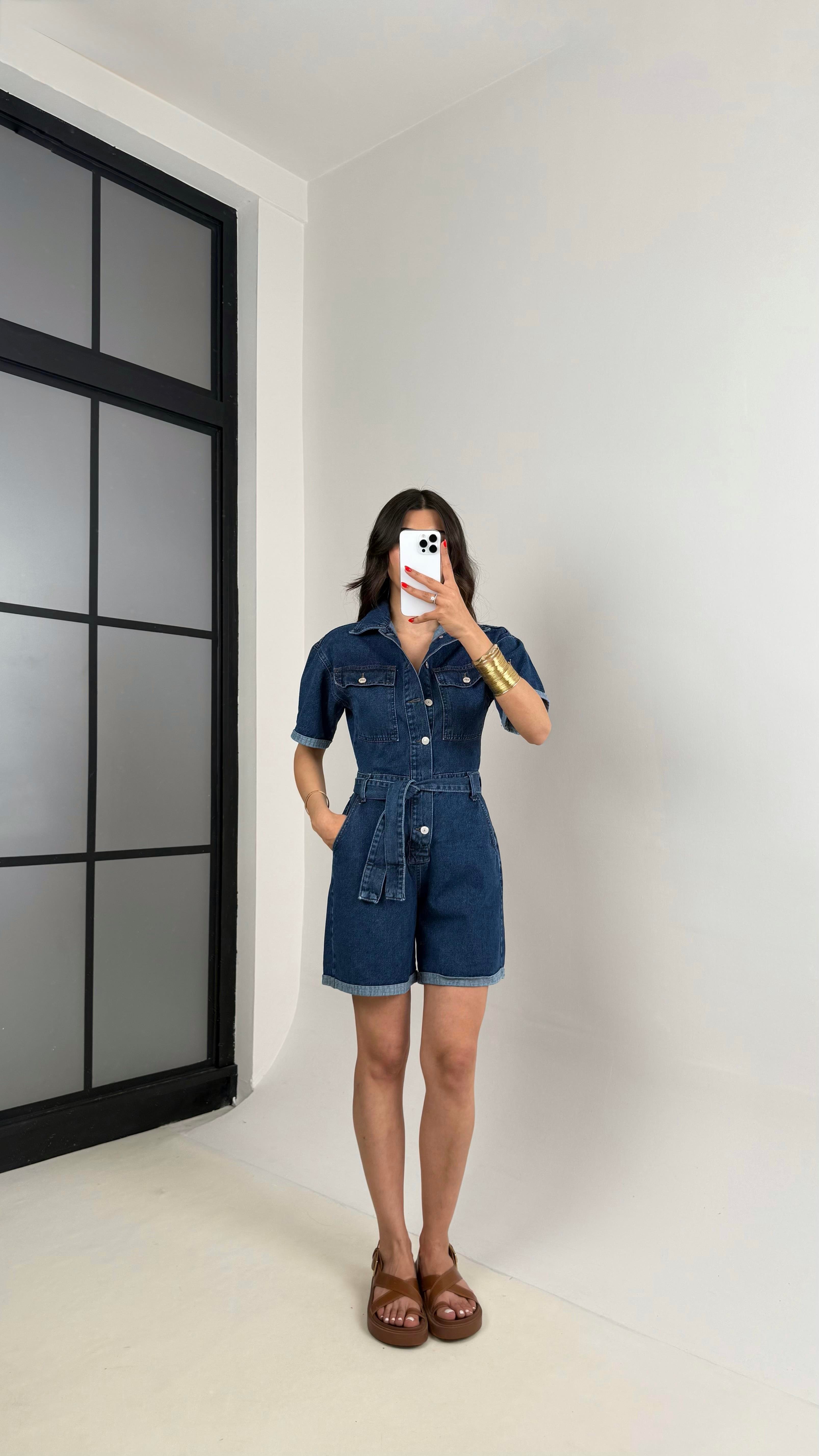 Lacivert Kısa Kol Önü Düğmeli Kemerli  Denim Tulum Gaus00465GausTULUMGU1002089