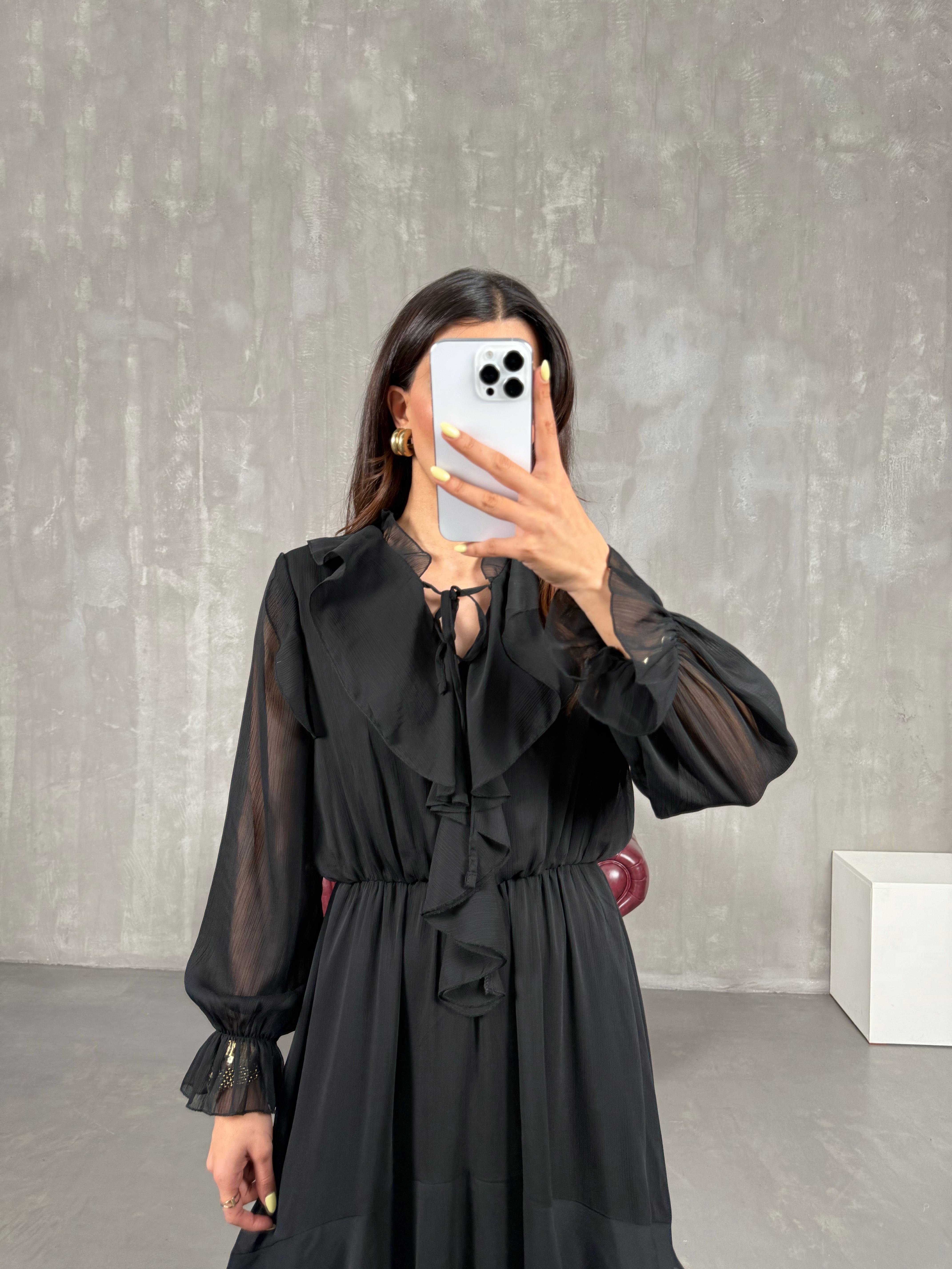 Siyah Astarlı Volanlı Şifon Elbise Gaus00138GausELBİSEGU1001315