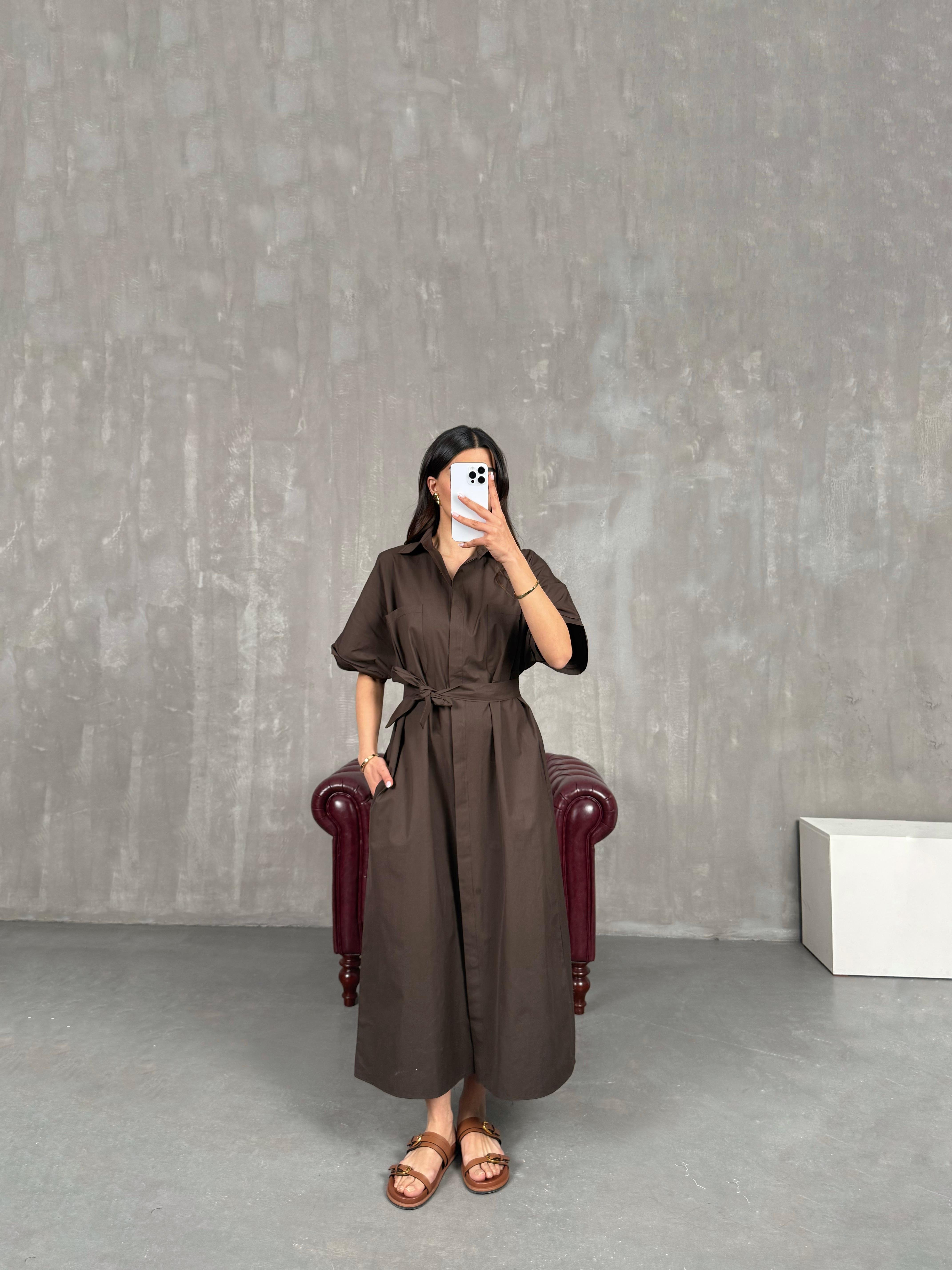 Kahve Cepli Önü Düğmeli Kuşaklı Elbise Gaus00257GausELBİSEGU1001596