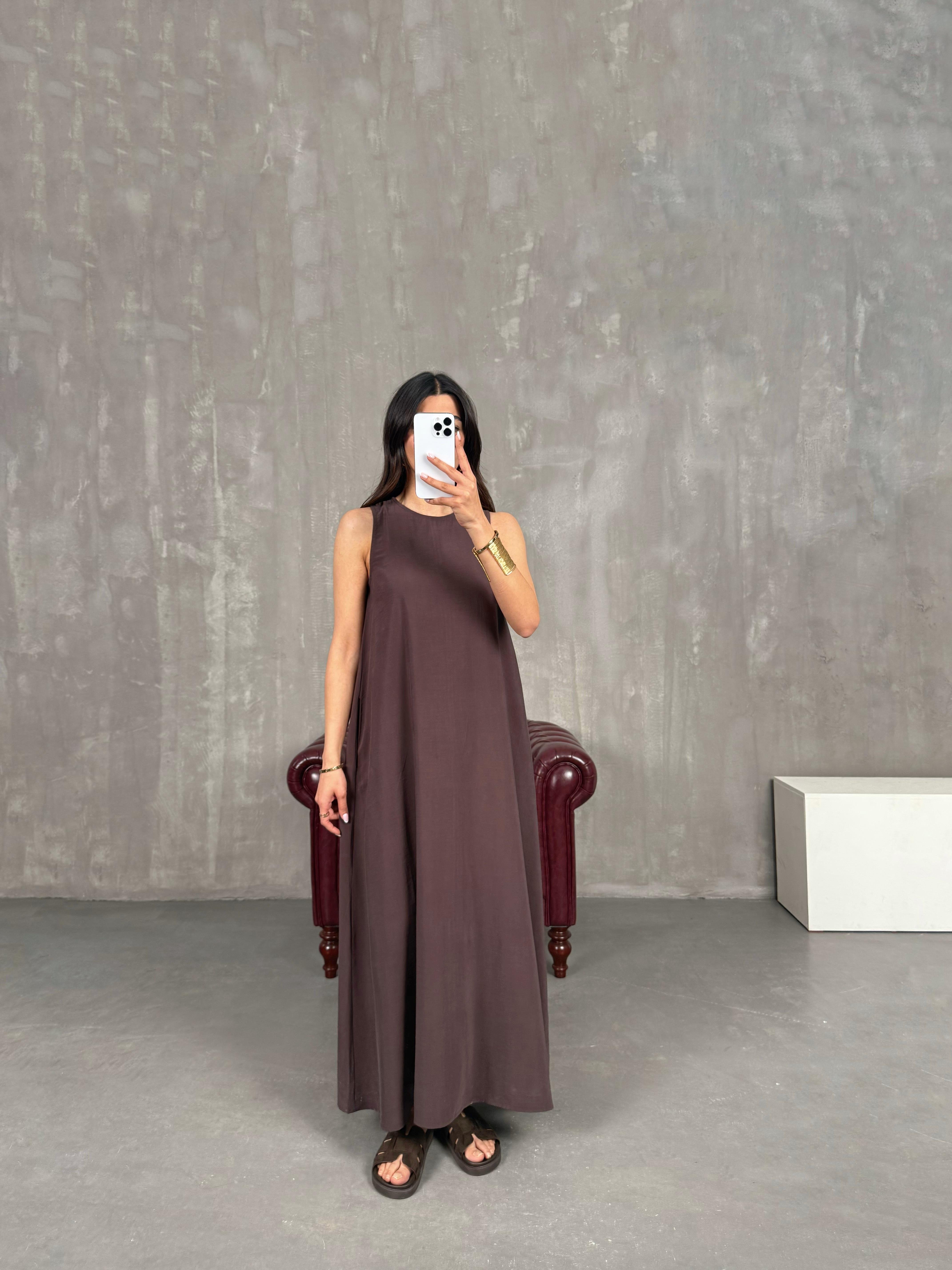 Kahve Cepli Tensel Kumaş Elbise Gaus00263GausELBİSEGU1001607