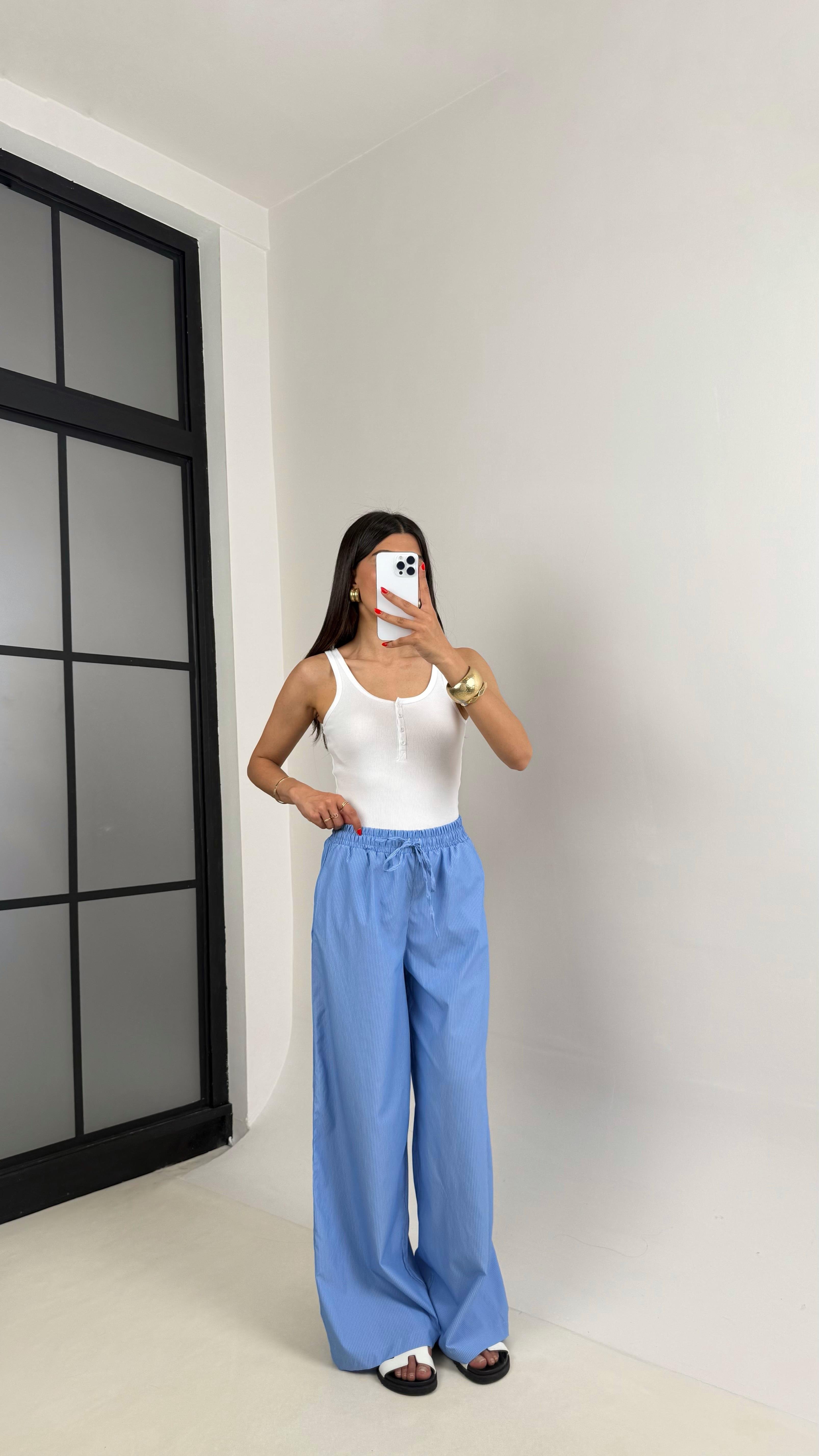 Mavi Beli Lastikli Çizgili Paraşüt Kumaş Pantolon Gaus00499GausPANTOLONGU1002169