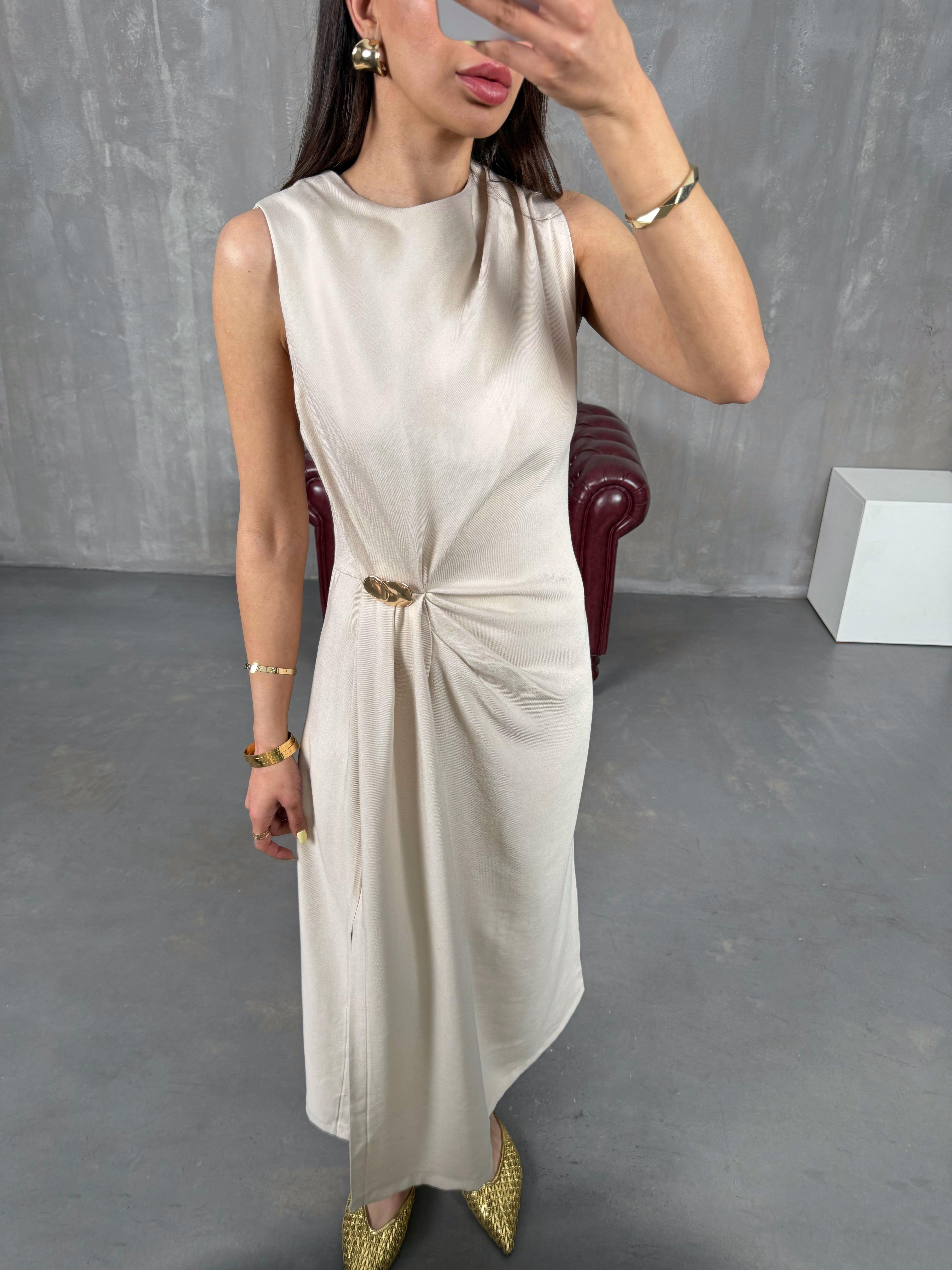 Taş Sıfır Kol Gold Detaylı Yırtmaçlı Elbise Gaus00141GausELBİSEGU1001327