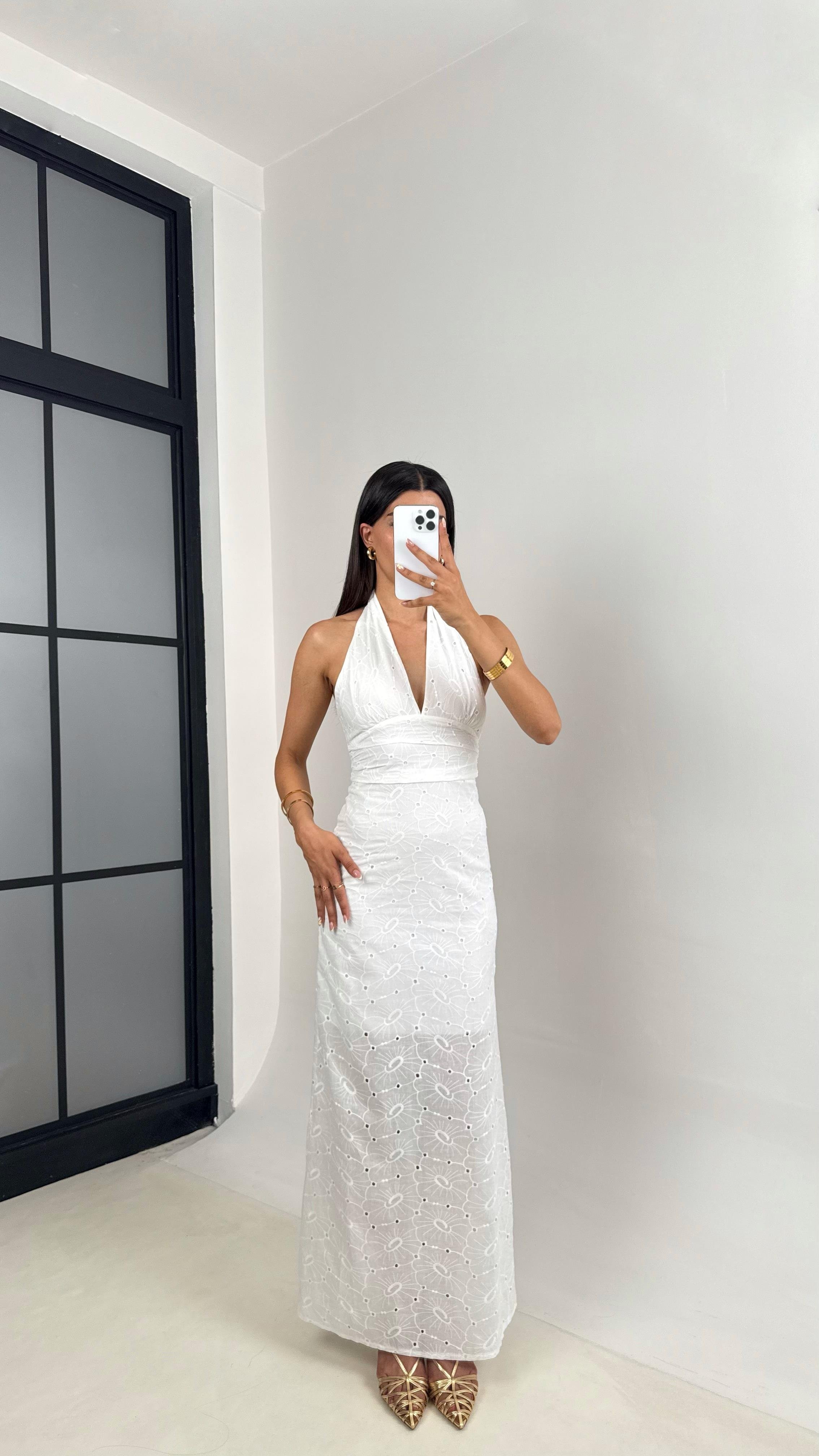 Beyaz Boyundan Bağlamlı Astarlı Fistolu Elbise Gaus00669GausELBİSEGU1002546