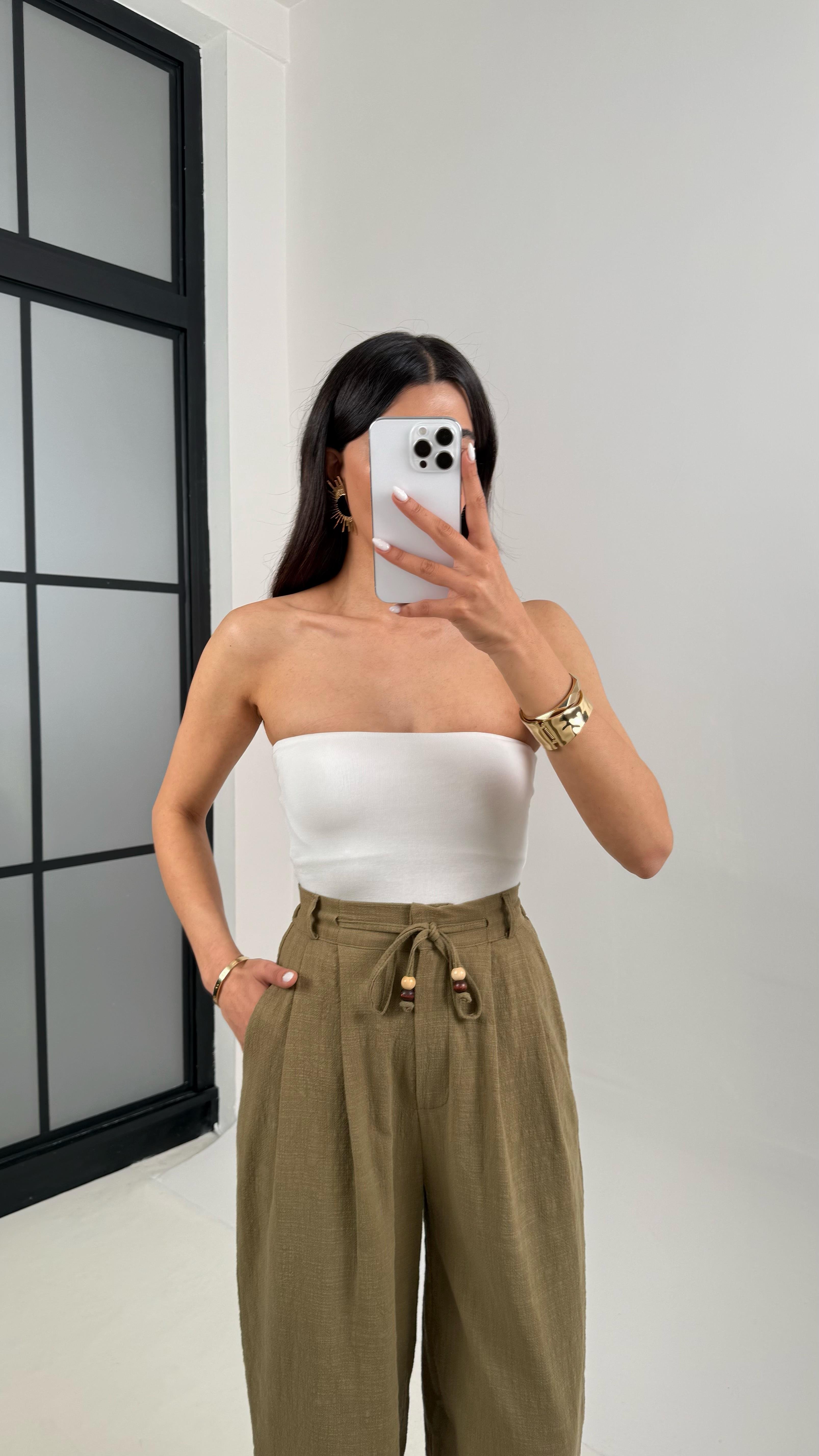 Haki Cepli Kuşaklı Balon Keten Pantolon Gaus00383GausPANTOLONGU1001891