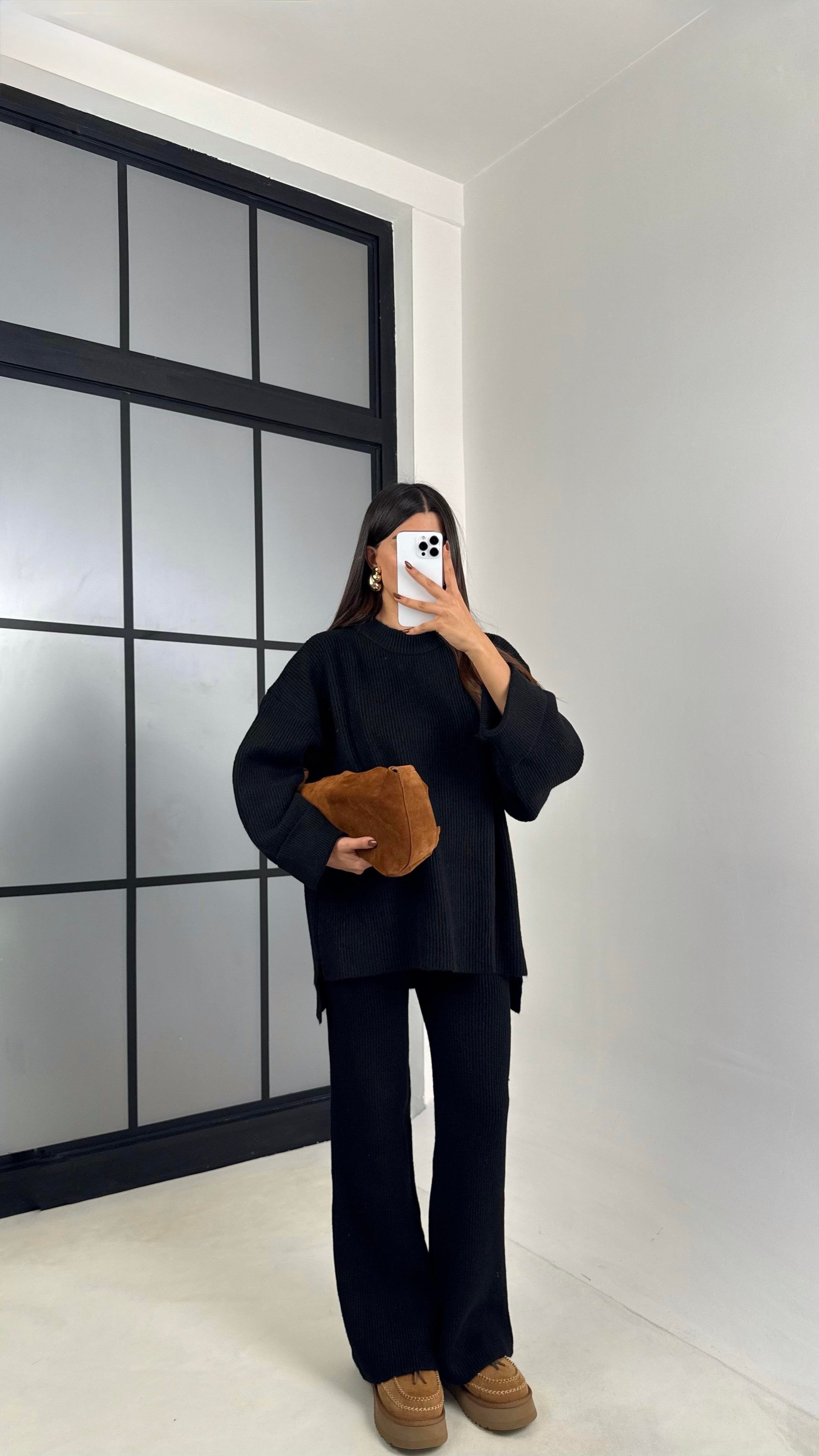 Siyah Duble Kol Kazak Beli Lastikli Pantolon Triko Takım GAUS-00200GAUSTAKIMGAUS-00200