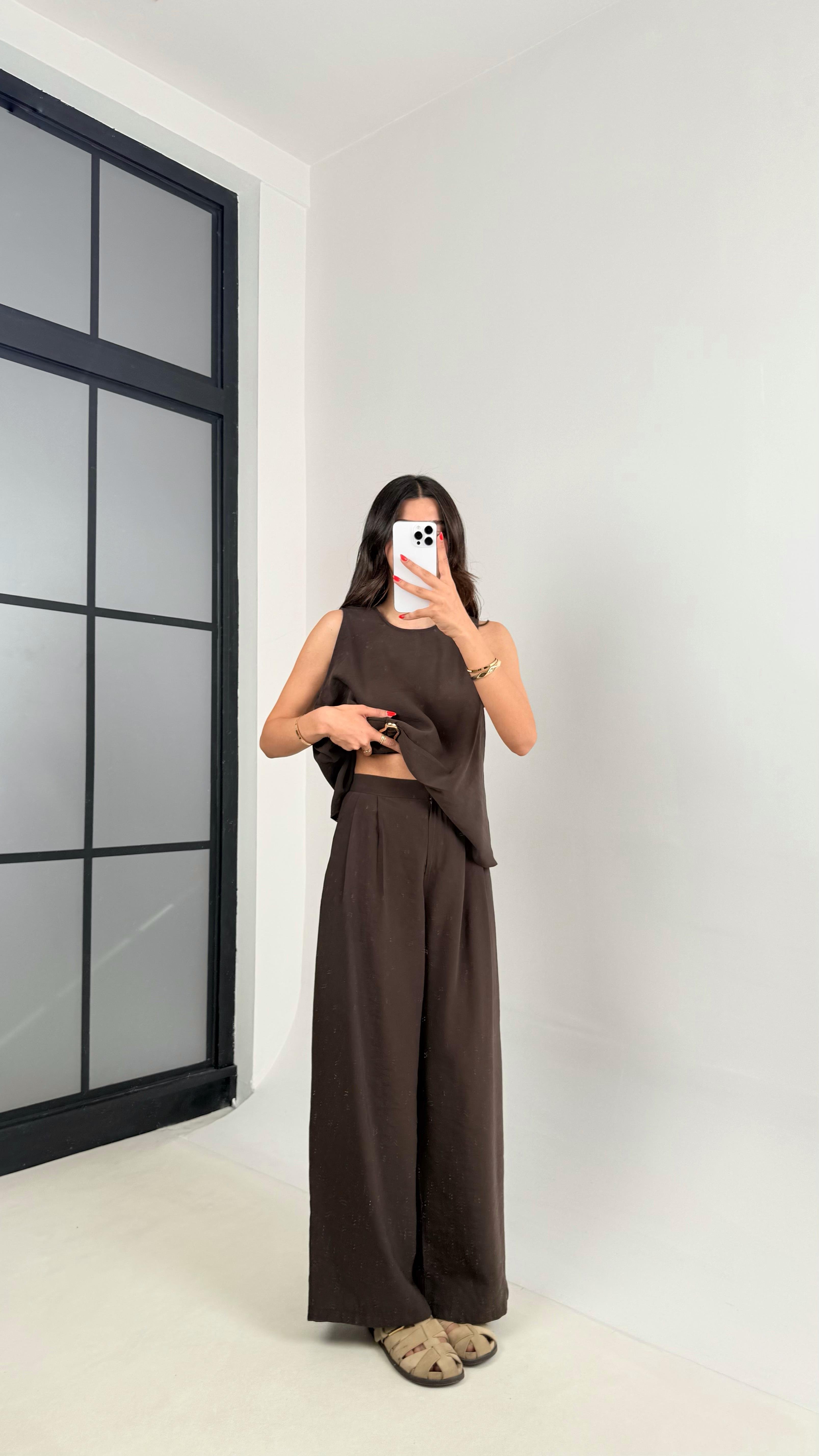 Acı Kahve Gold Detaylı Bluz Balon Pantolon İkili Tencel Takım Gaus00510GausTAKIMGU1002196