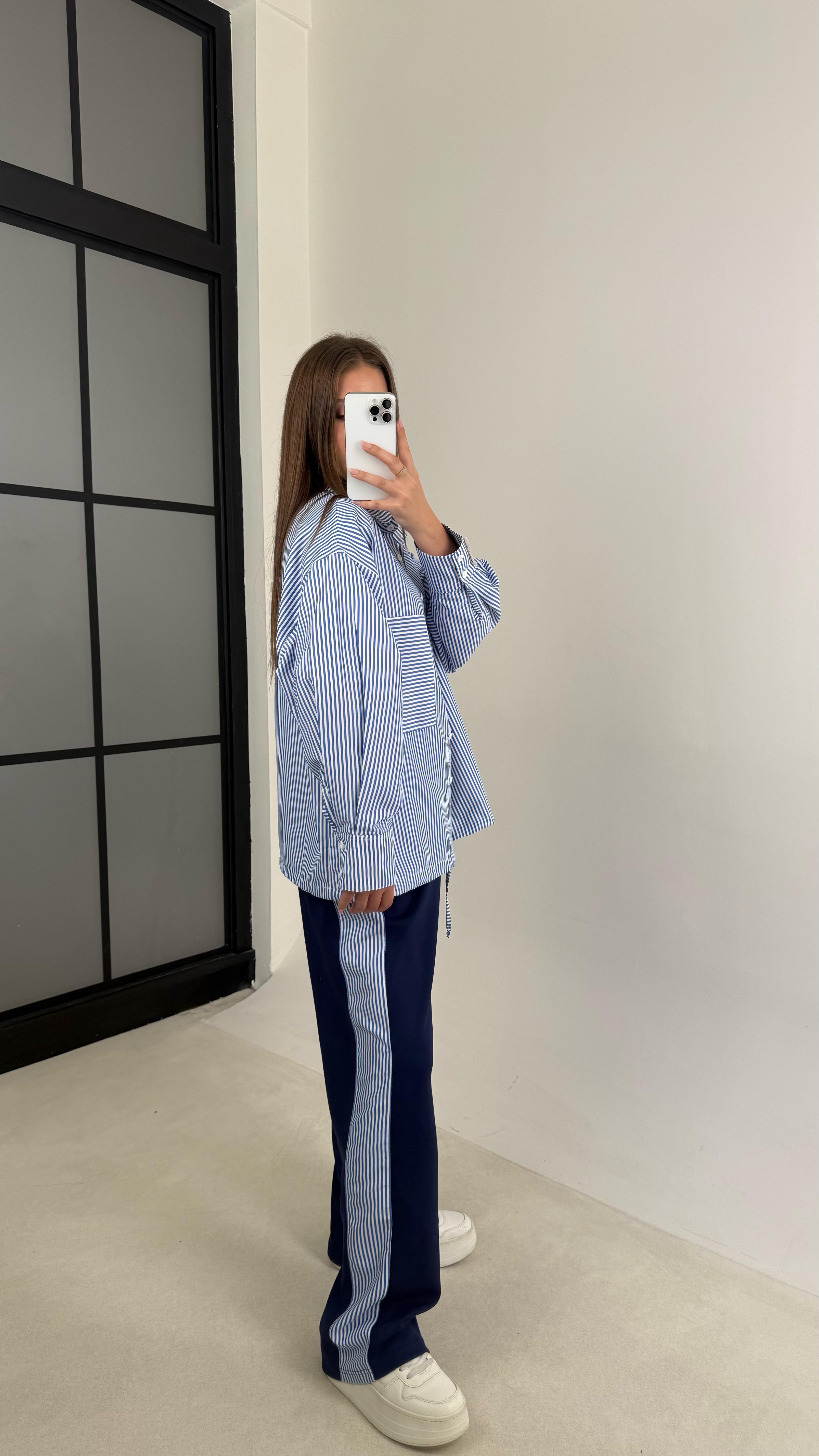 Mavi Çizgili Gömlek Manşet Detaylı  Beli Lastikli Pantolon İkili Tasarım Takım GAUS-00122GAUSTAKIMGAUS-00122