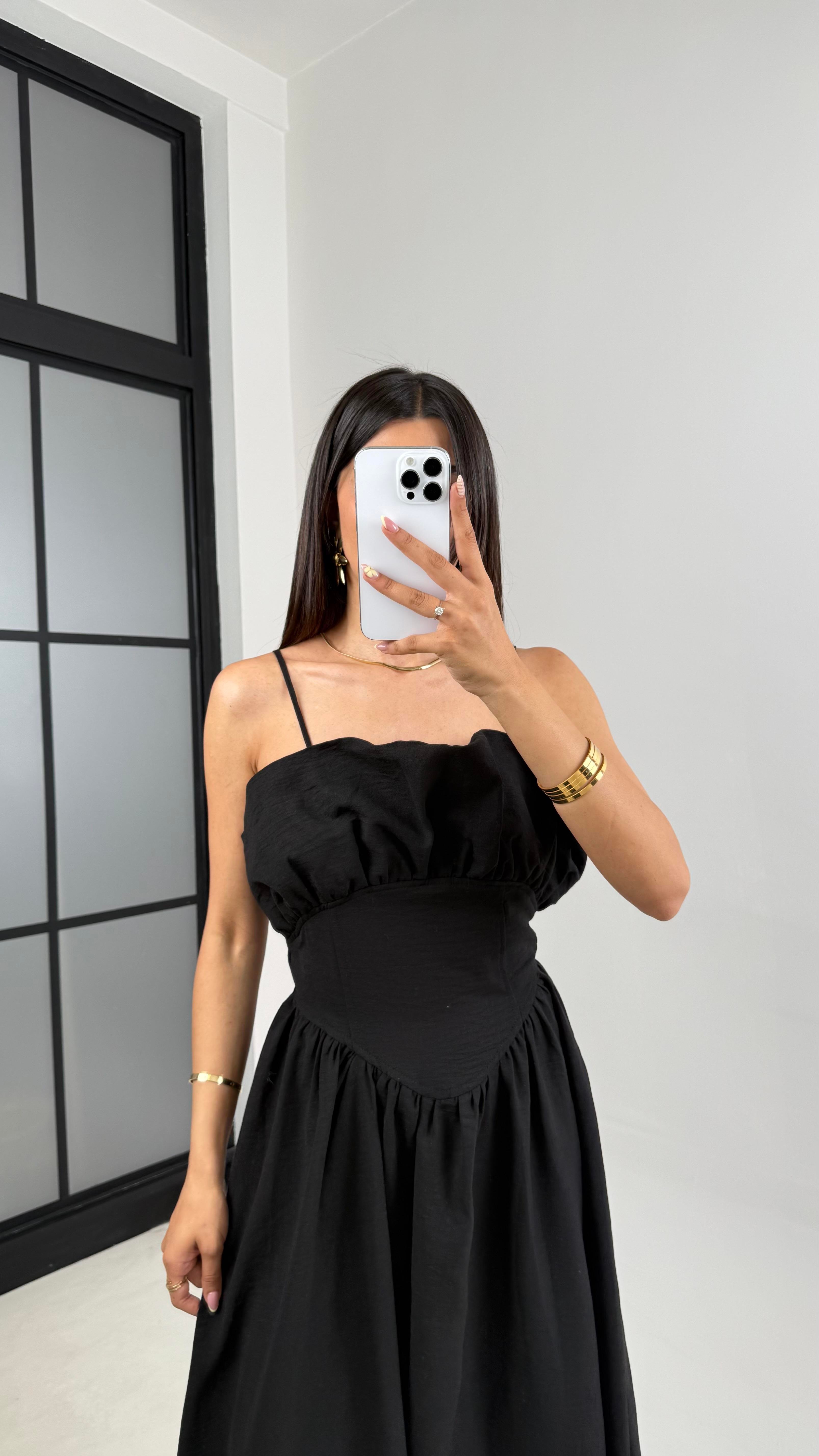 Siyah Ayarlanabilir Askılı Korse Detaylı Astarlı Keten Elbise Gaus00640GausELBİSEGU1002490