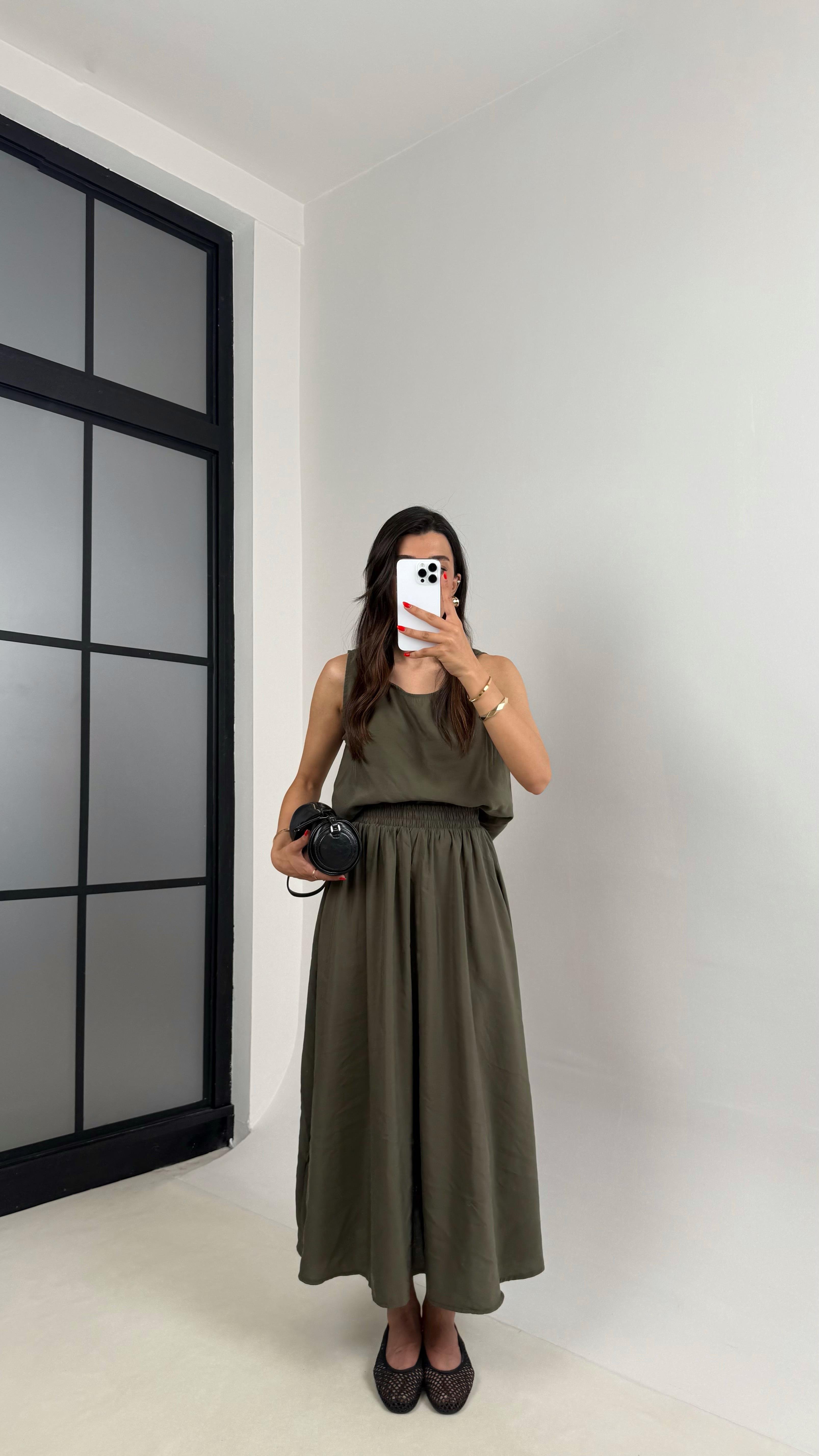 Haki Bluz Beli Lastikli Etek İkili Kırışık Tencel Takım Gaus00522GausTAKIMGU1002223