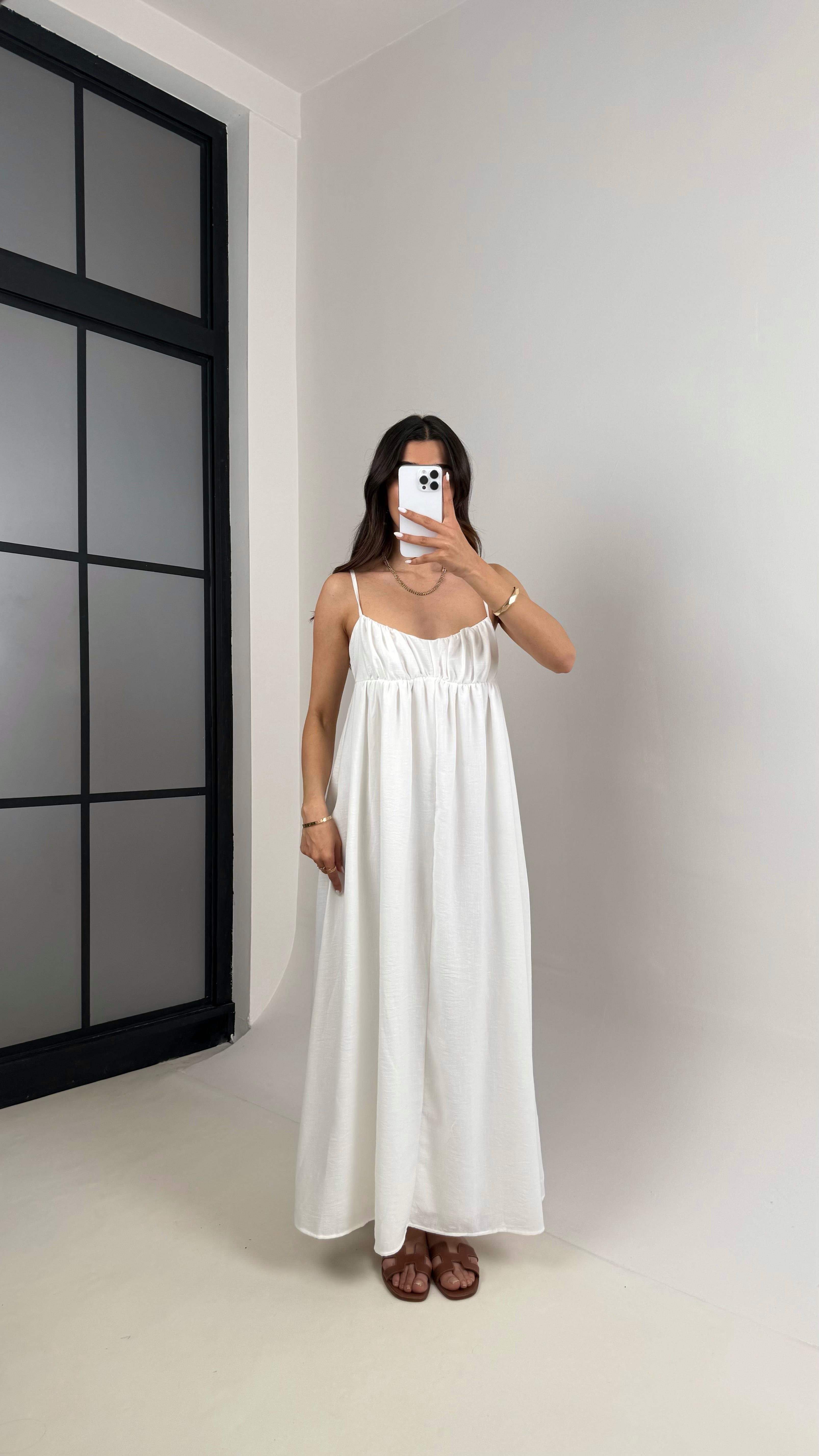 Beyaz Boyundan Bağlamalı Astarlı Keten Elbise Gaus00427GausELBİSEGU1001997