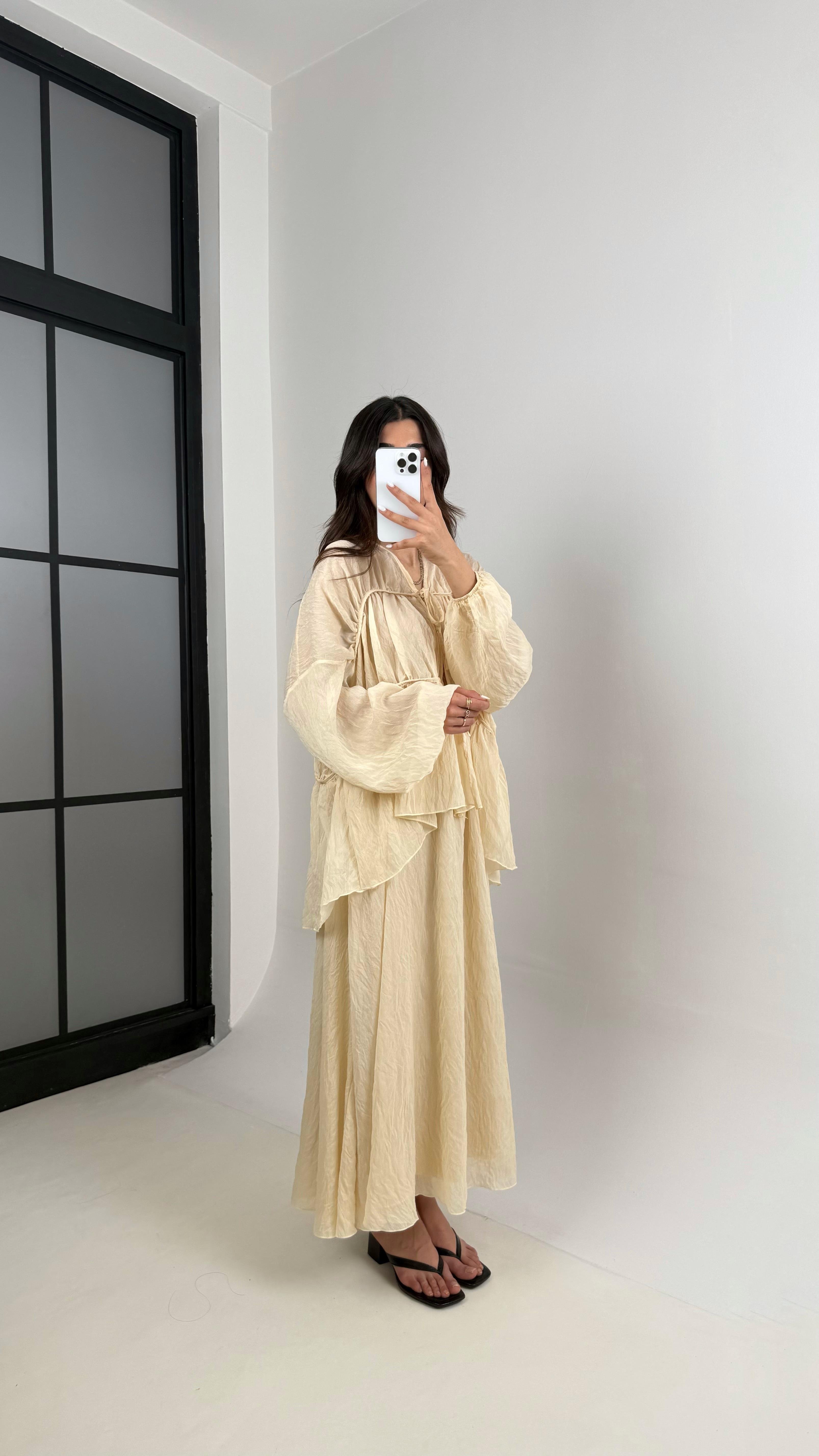 Taş Gipeli Önden Bağlamalı Üst Astarlı Etek İkili Kırışık Kumaş Takım Gaus00426GausTAKIMGU1001995