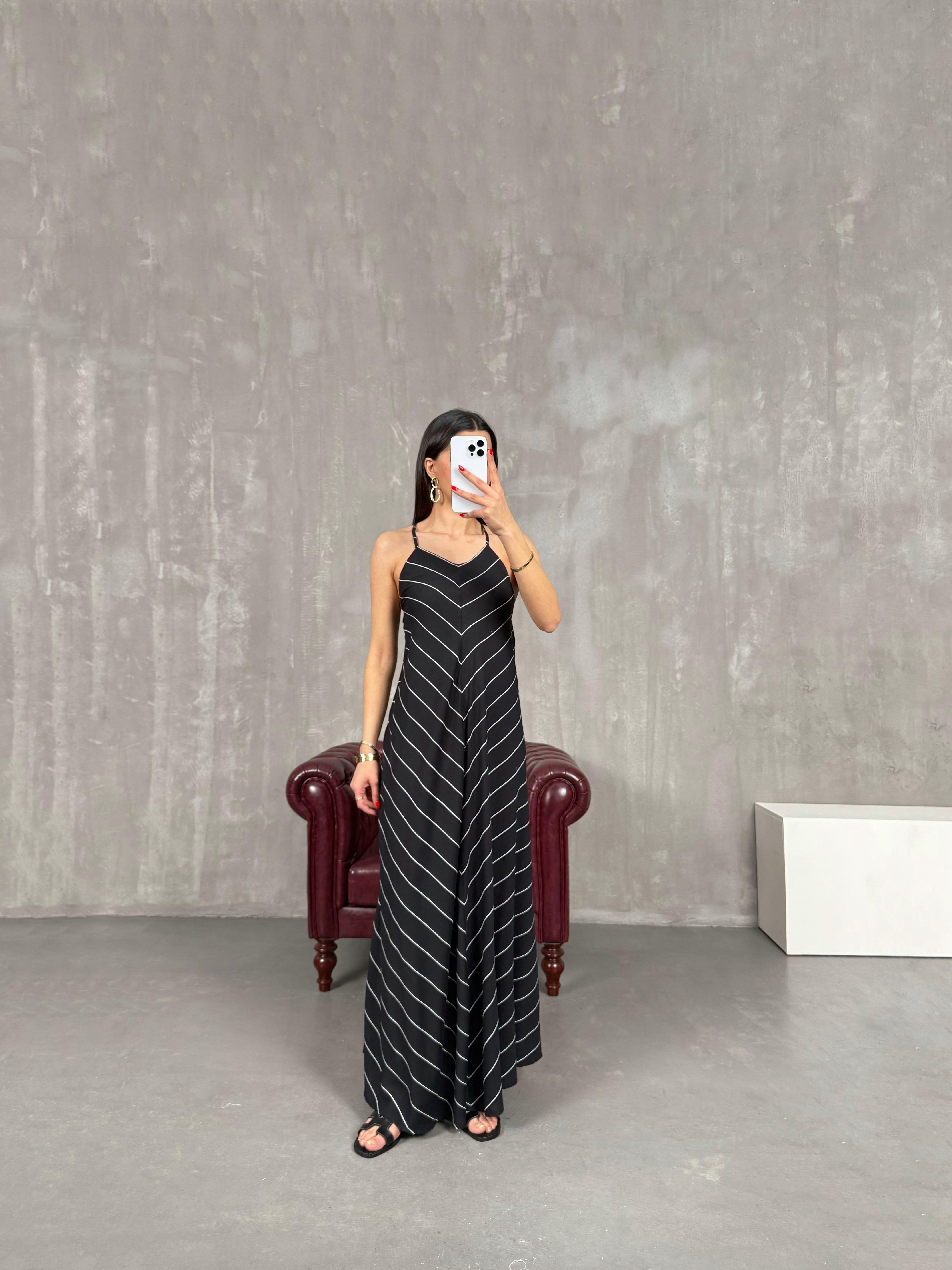 Siyah Çizgili Ayarlanabilir Askılı Elbise Gaus00152GausELBİSEGU1001351