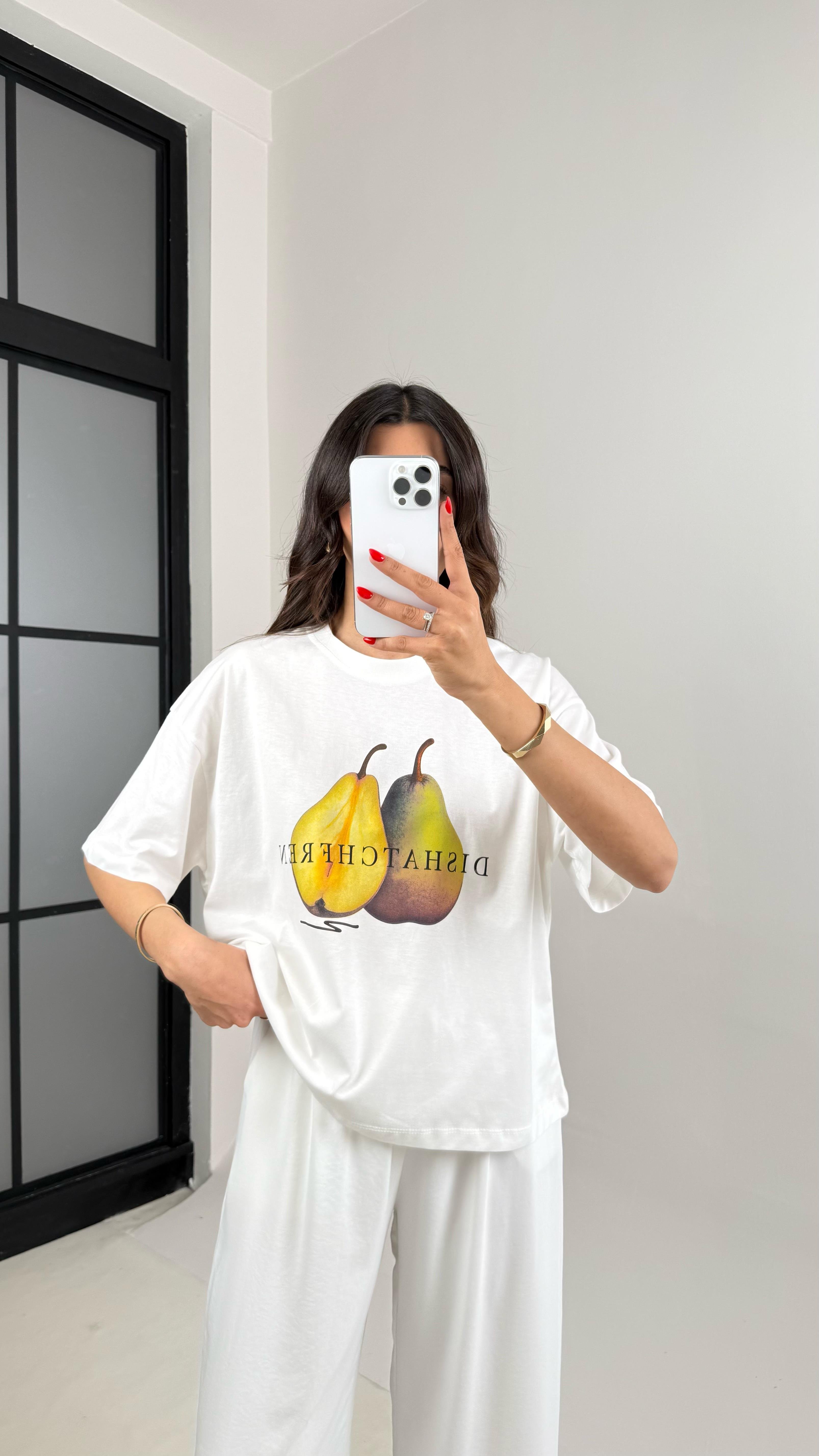 Beyaz Armut Baskılı Basic Tshirt Gaus00464GausTSHIRTGU1002086