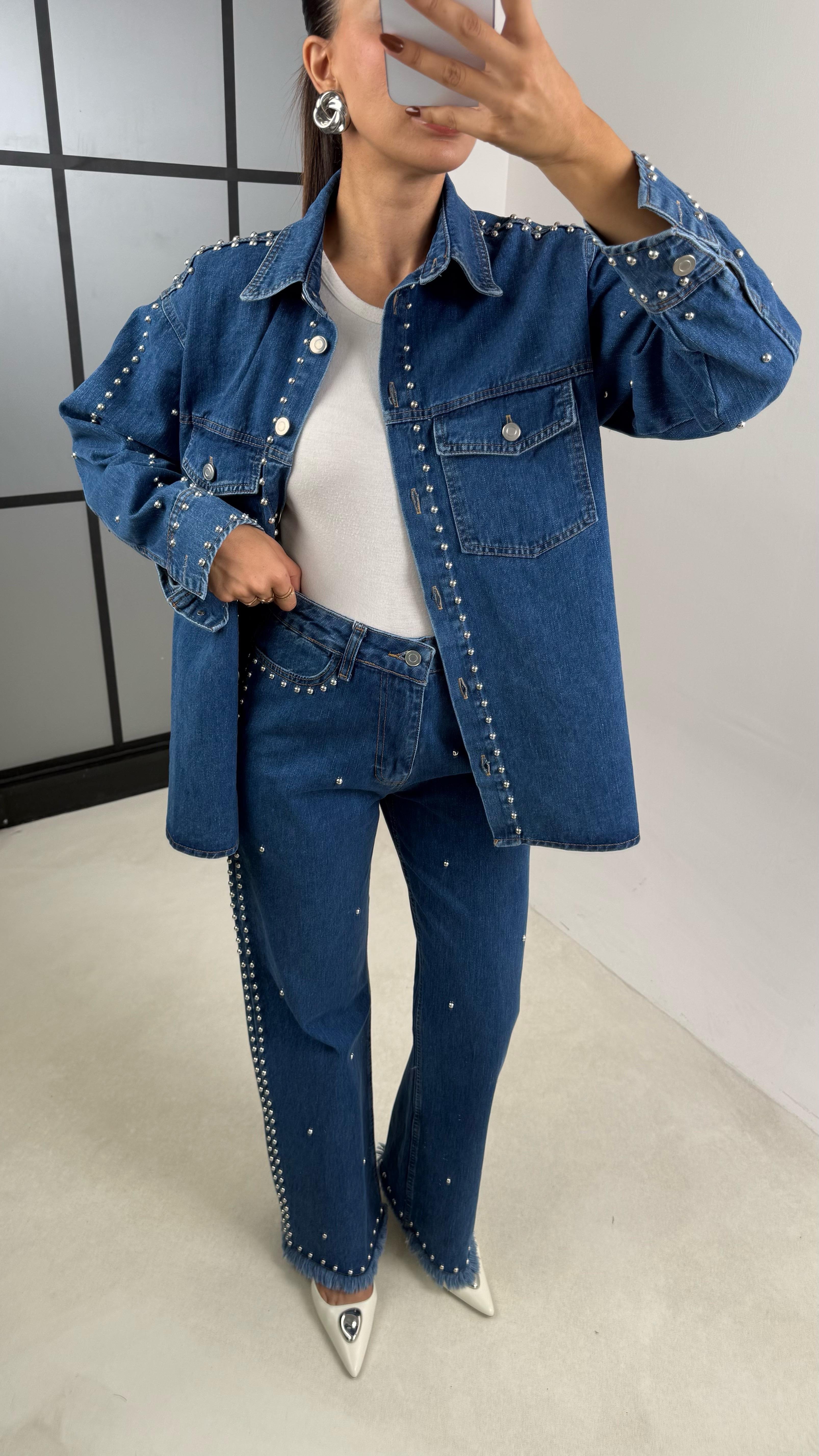 Lacivert Zımba Detaylı Gömlek Pantolon İkili Denim Takım GAUS-00194GAUSTAKIMGAUS-00194