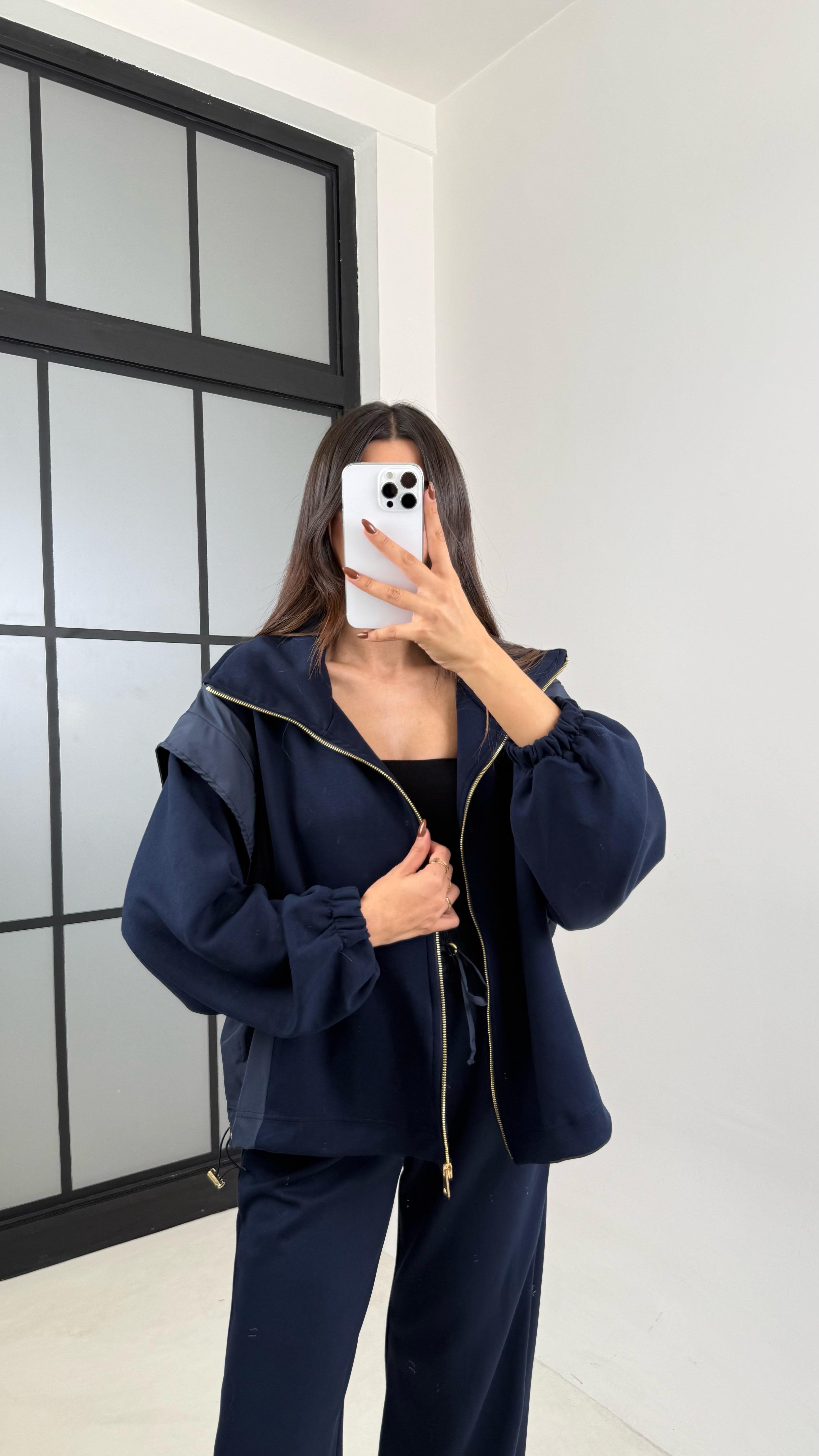 Lacivert Paraşüt Kumaş Detaylı Hırka Pantolon İkili Modal Kumaş Takım GAUS-00209GAUSTAKIMGAUS-00209