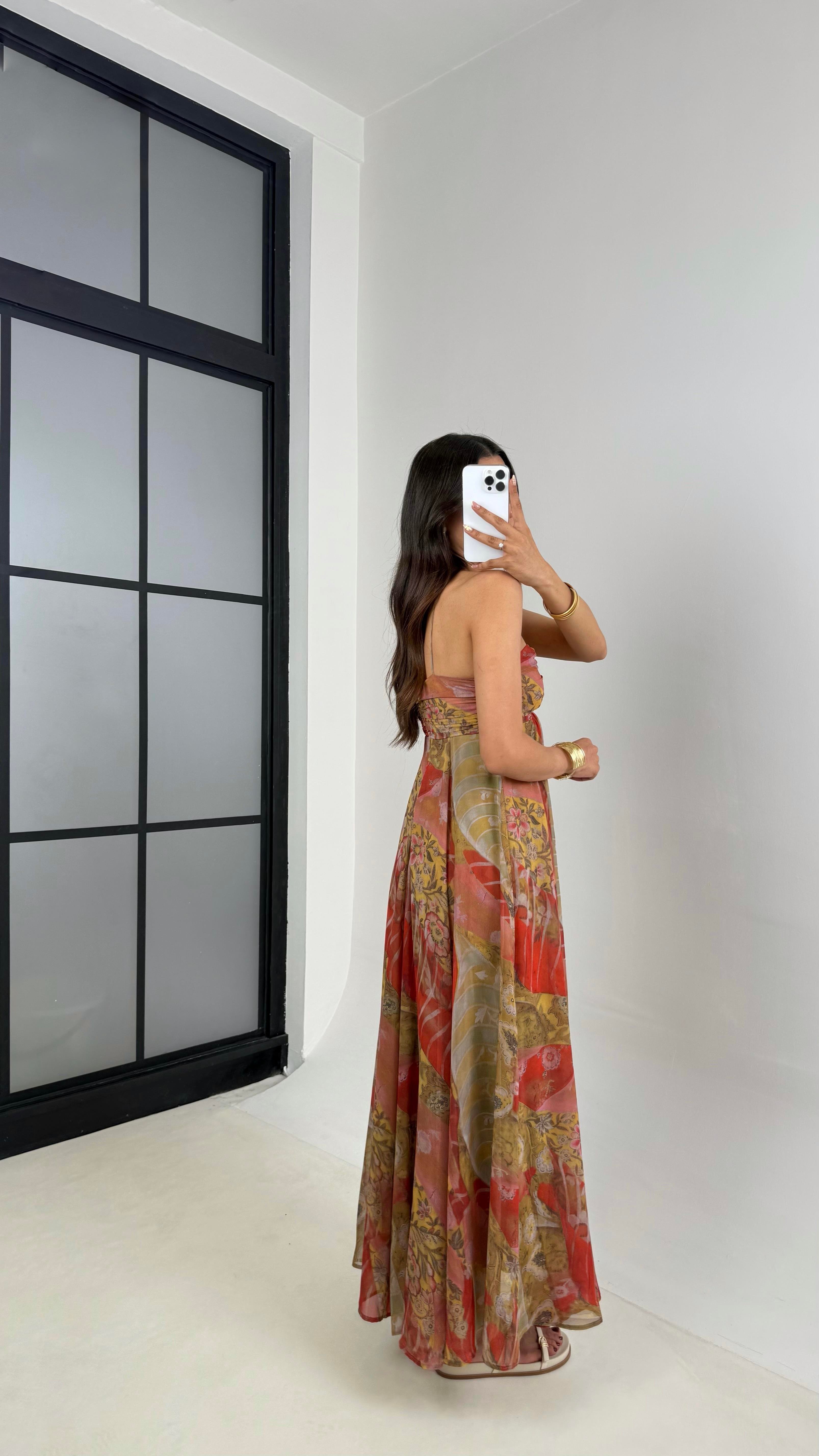 ZR Muadil Desenli Dekolteli Astarlı Şifon Elbise Gaus00651GausELBİSEGU1002513