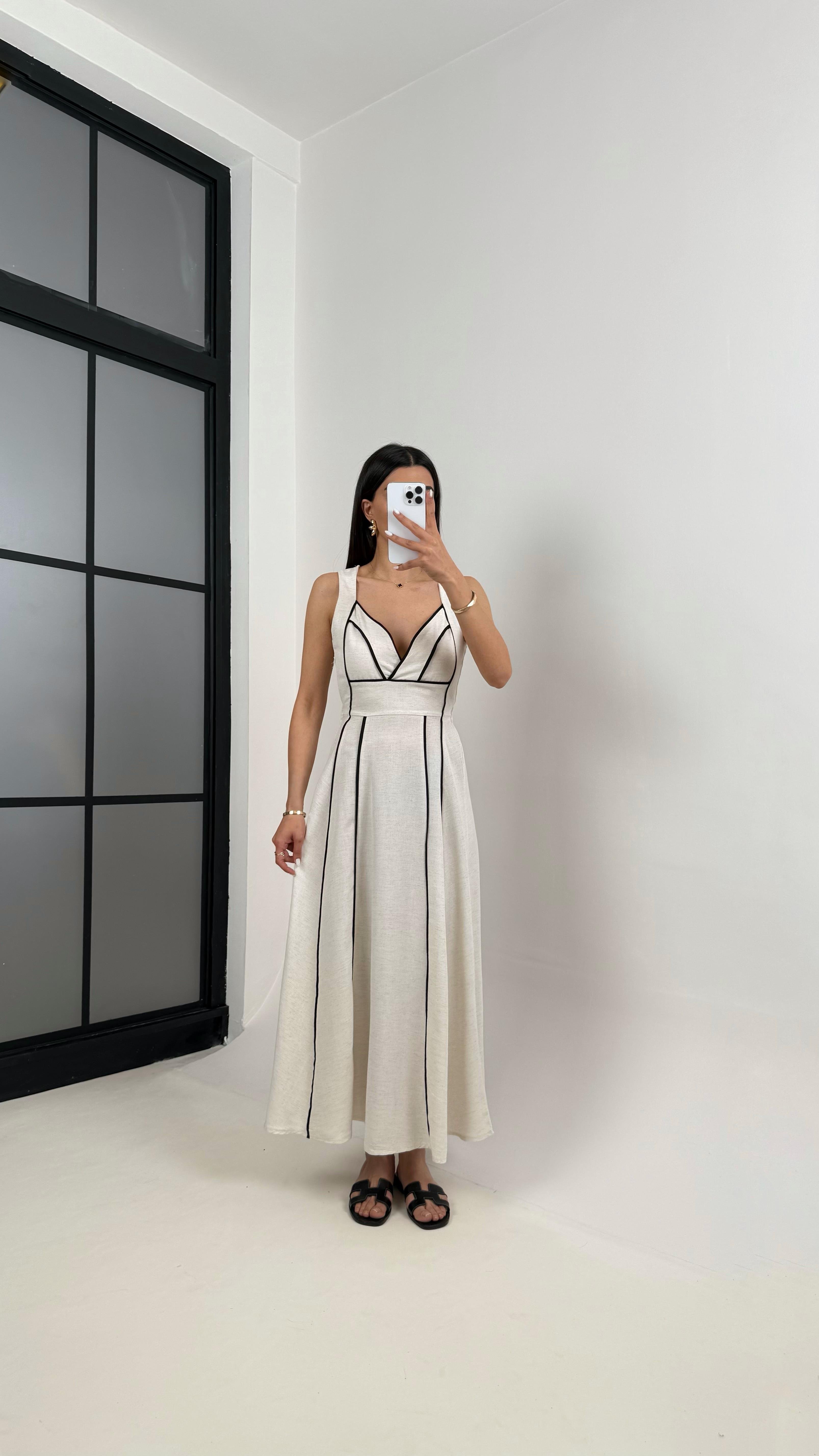 Taş Siyah Şerit Detaylı Tasarım Keten Elbise Gaus00370GausELBİSEGU1001862