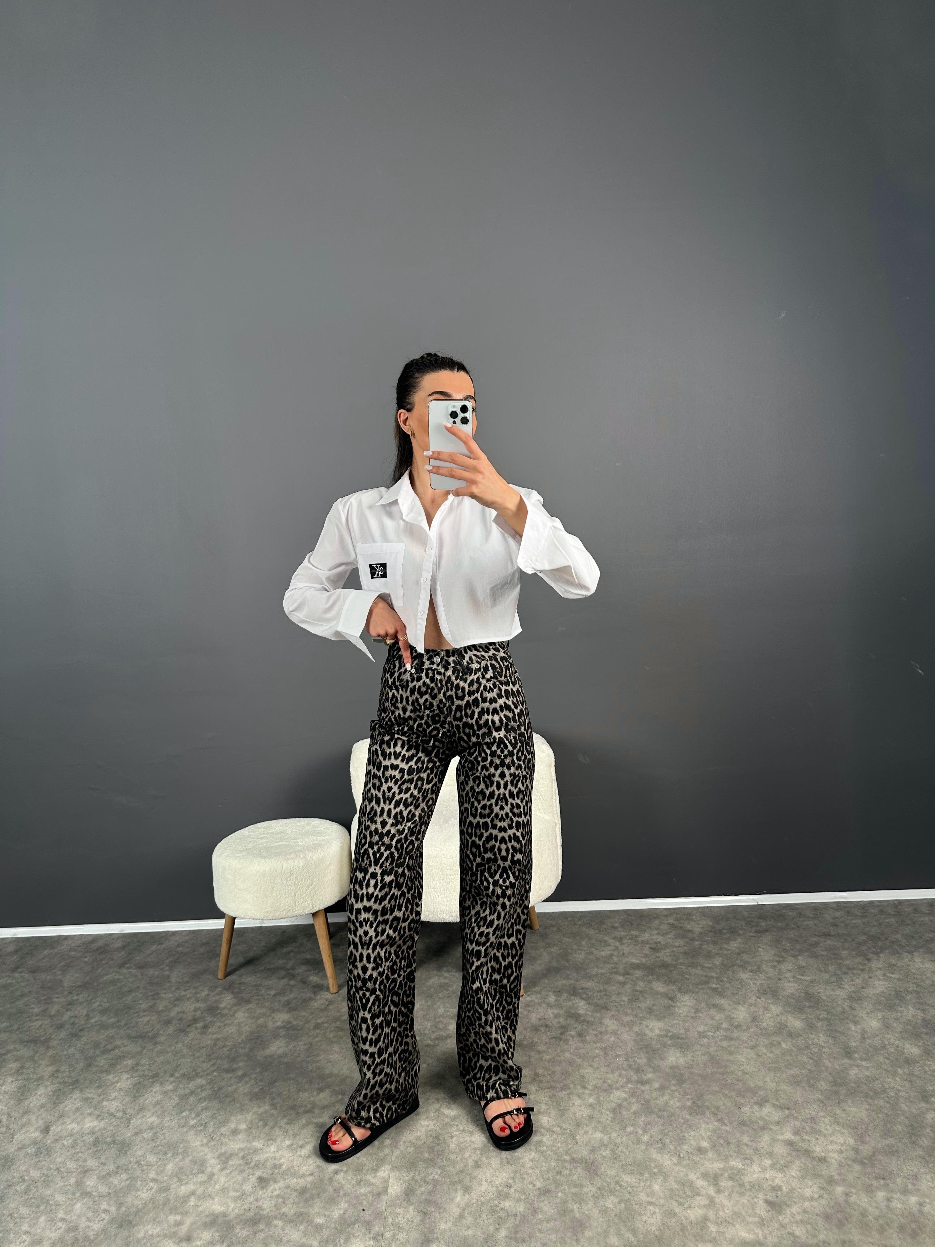 GU Koyu Leopar Desenli Straight Leg JeanGausDENİM PANTOLONGU007281