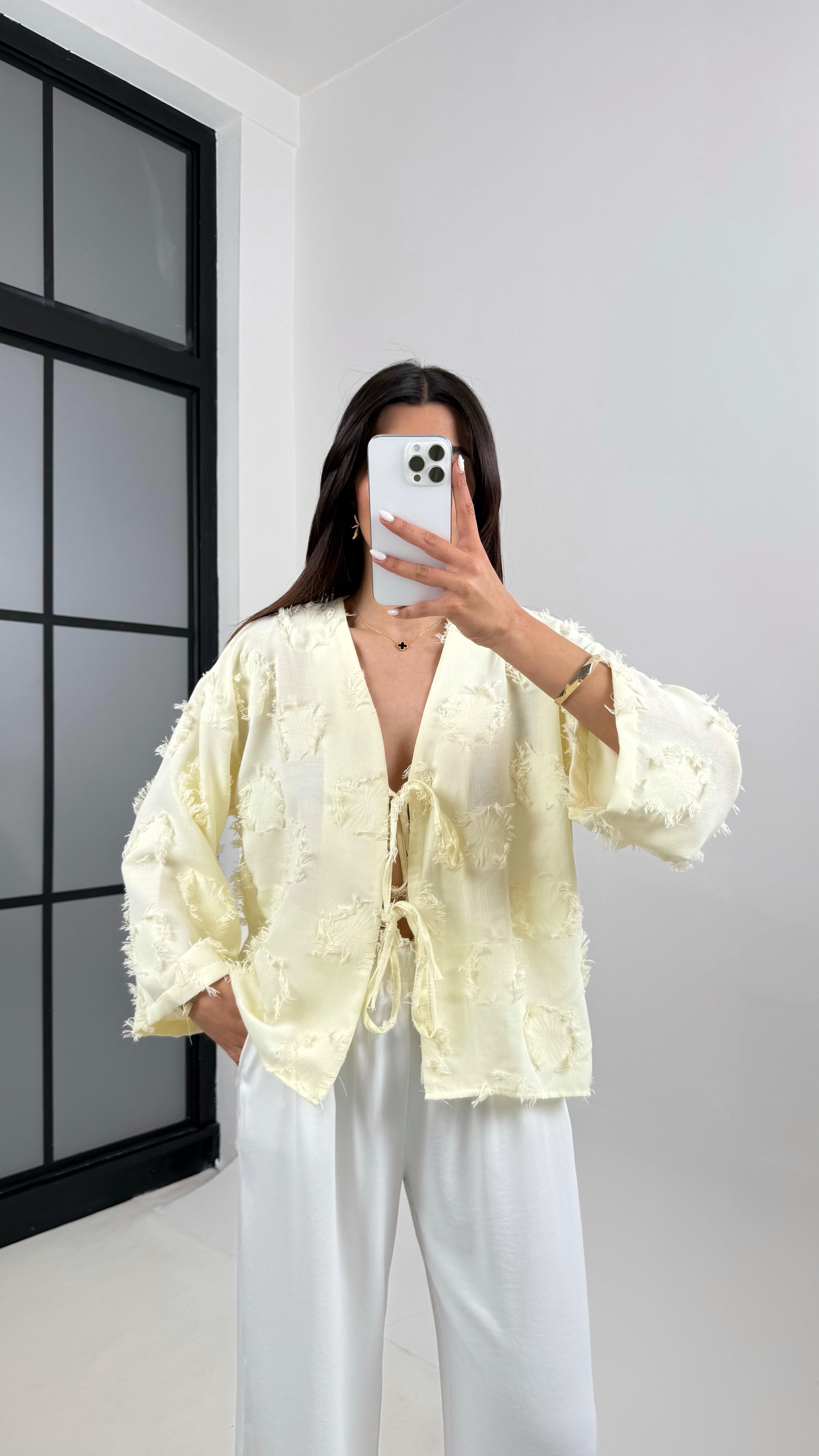 Zenit Sarı Püskül Detaylı Bağlamalı Keten GömlekGausGÖMLEKGU1001863