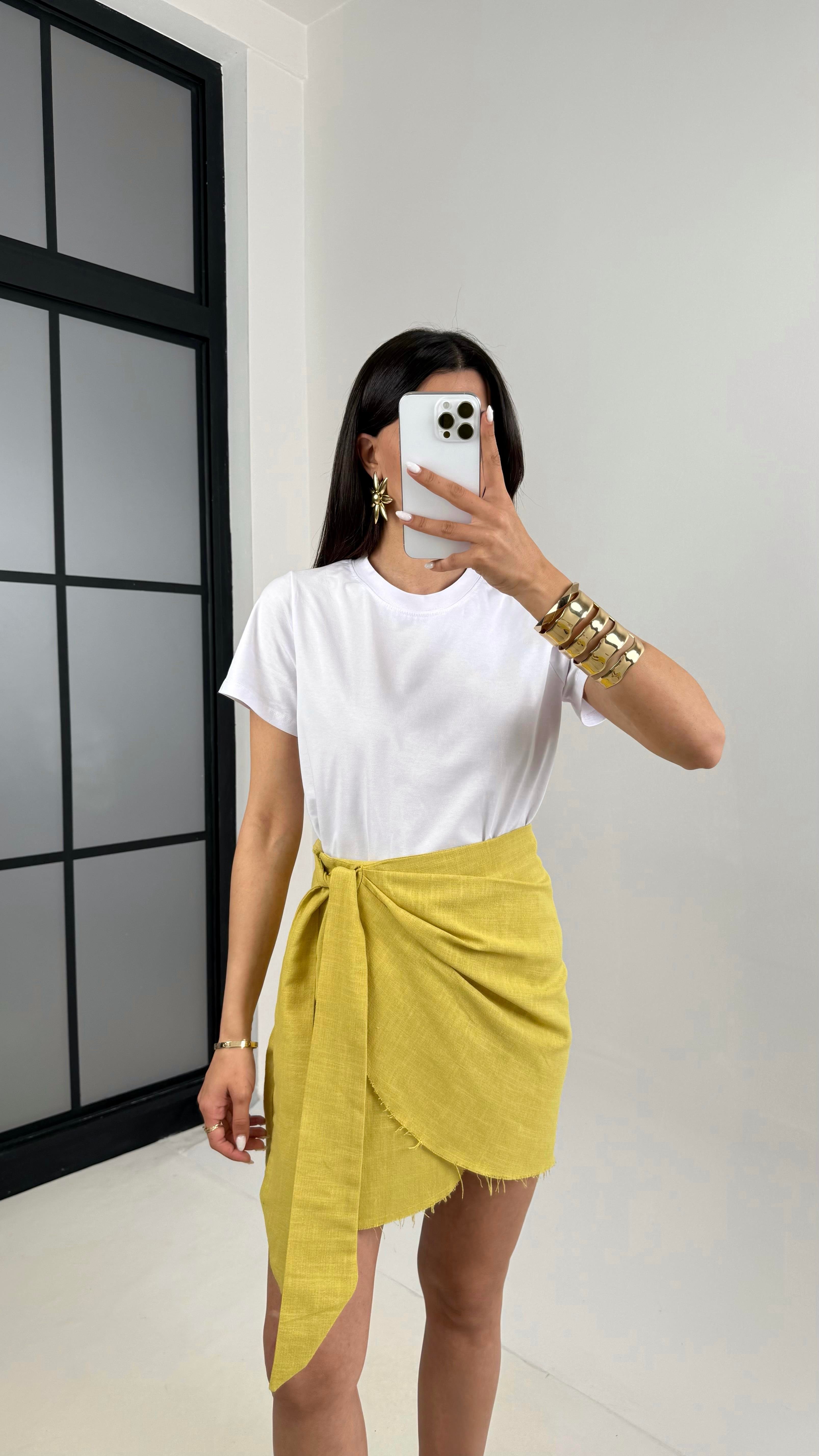 Sarı Yan Bağlama Detaylı Keten Etek Gaus00435GausETEKGU1002027