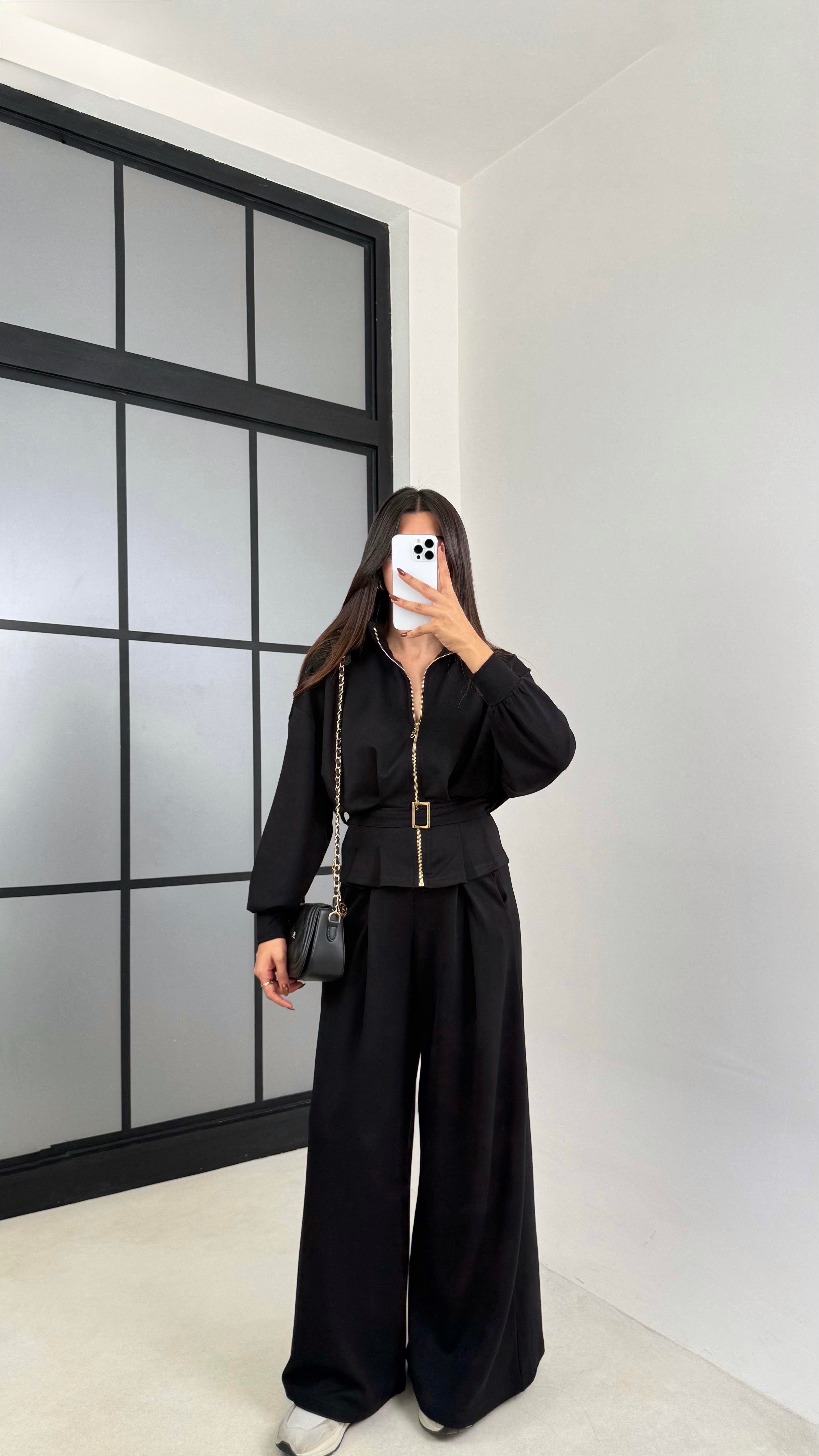 Siyah Kemer Detaylı Hırka Beli Lastikli Geniş Paça Pantolon Modal Takım GAUS-00188GAUSTAKIMGAUS-00188