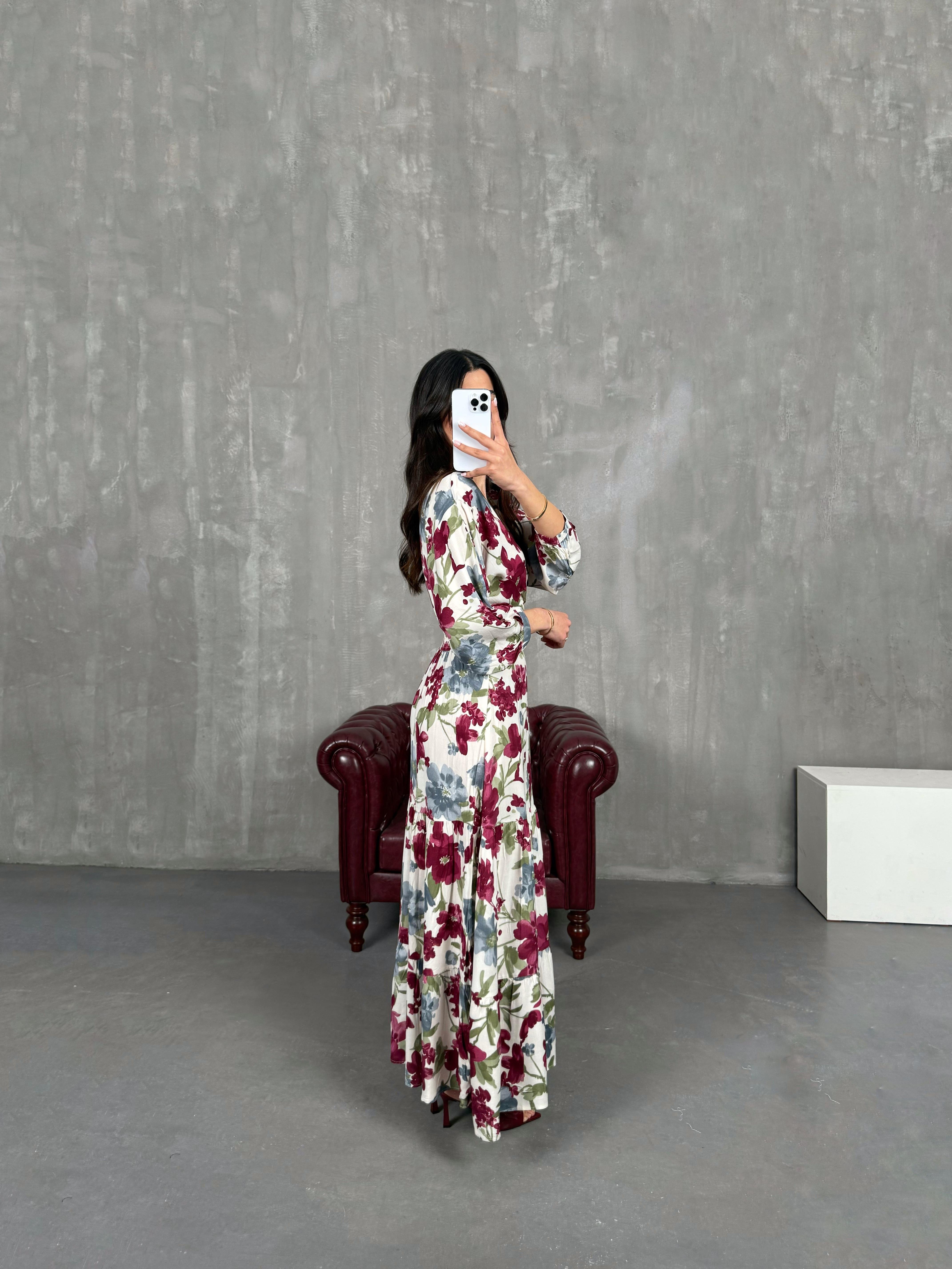 Çiçek Desenli Çapraz Dekolteli Yandan Fermuarlı Beli Lastikli Elbise Gaus00260GausELBİSEGU1001601