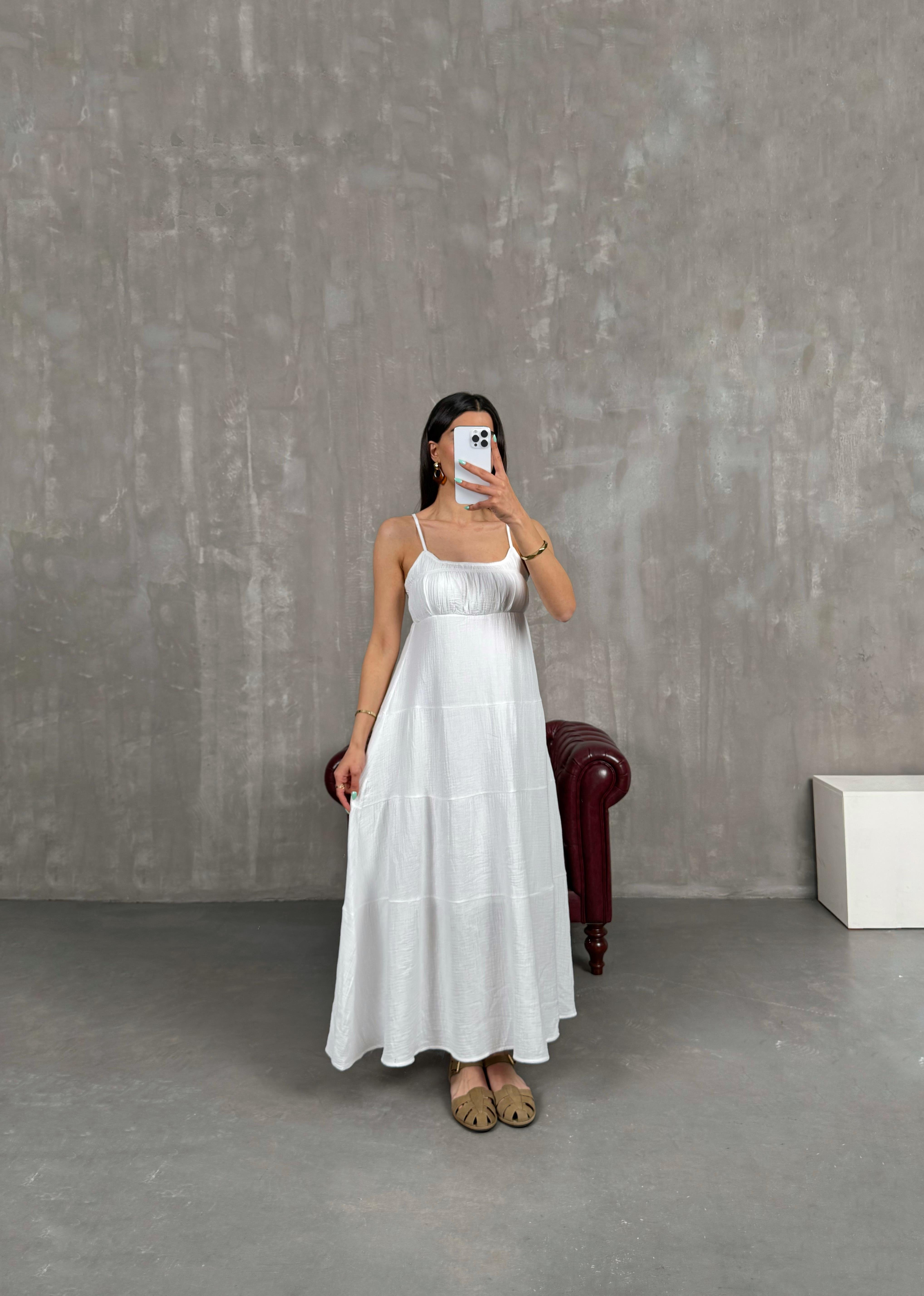 Beyaz Ayarlanabilir Askılı Yarım Astarlı Müslin Elbise Gaus00244GausELBİSEGU1001565