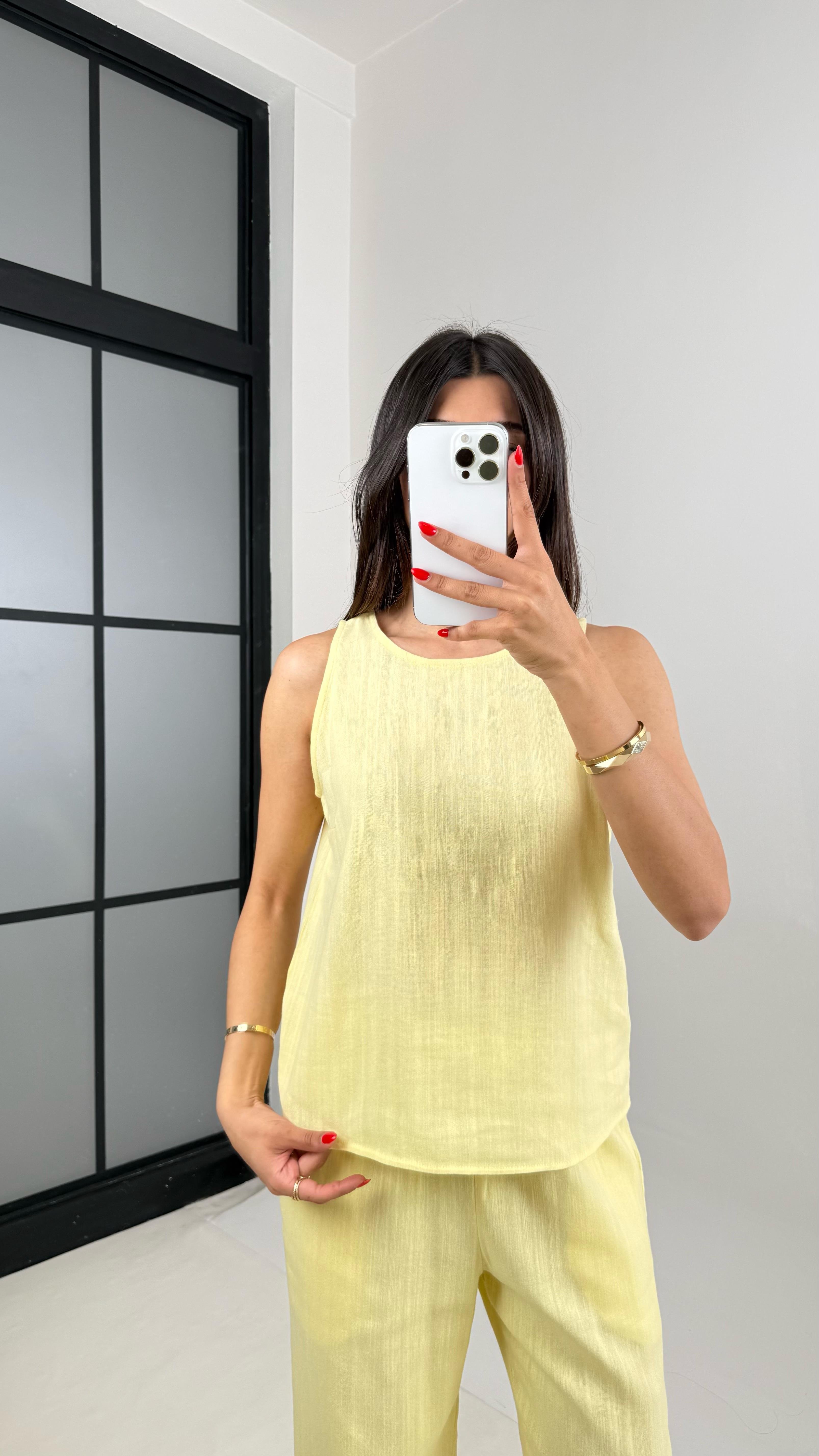 Sarı Sıfır Kol Bluz Beli Lastikli Pantolon Md Muadil Keten Takım Gaus00495 GausTAKIMGU1002159