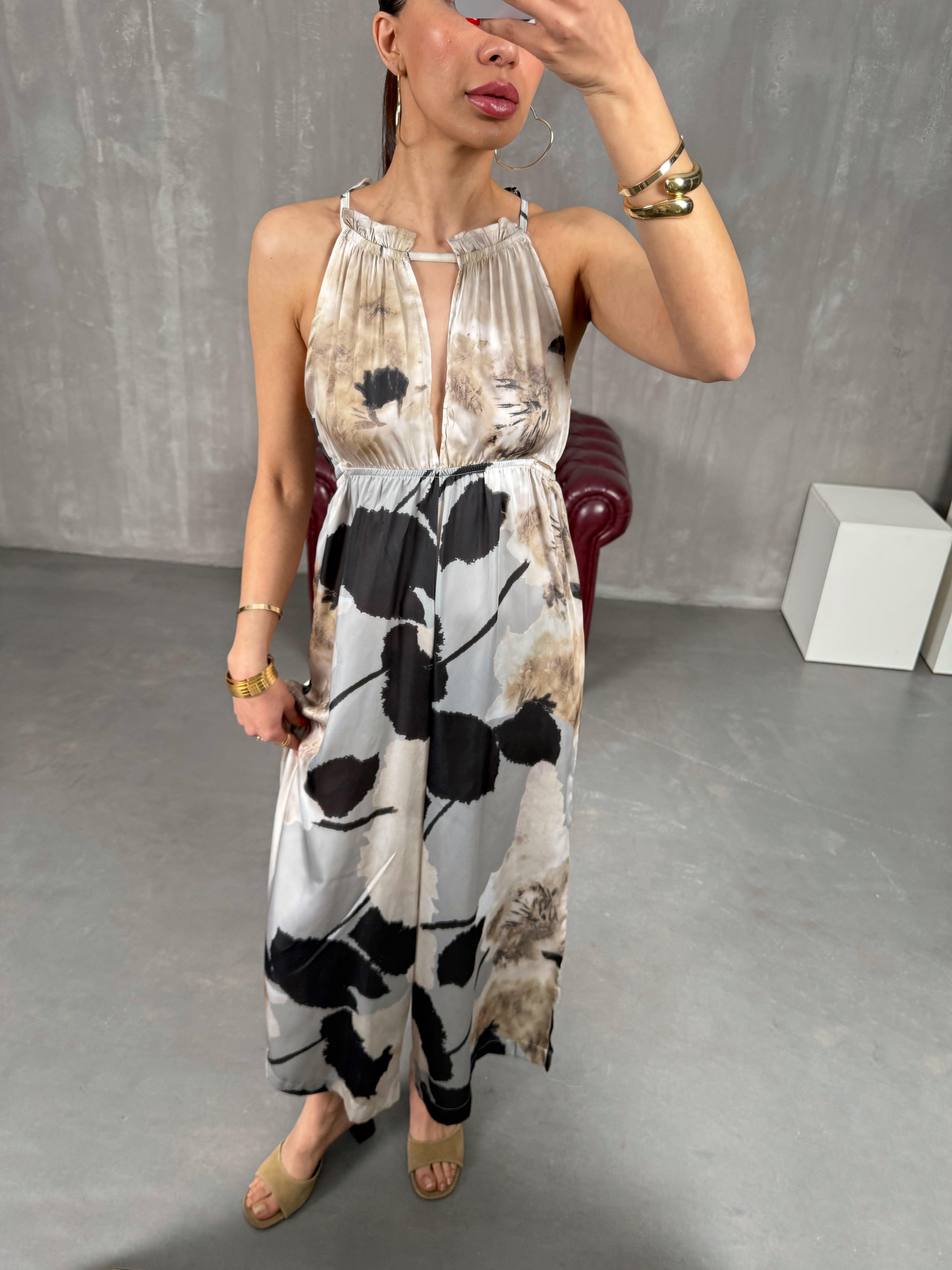 Siyah Desenli Sırt Dekolteli Beli Lastikli Saten Tulum Gaus00209GausTULUMGU1001492