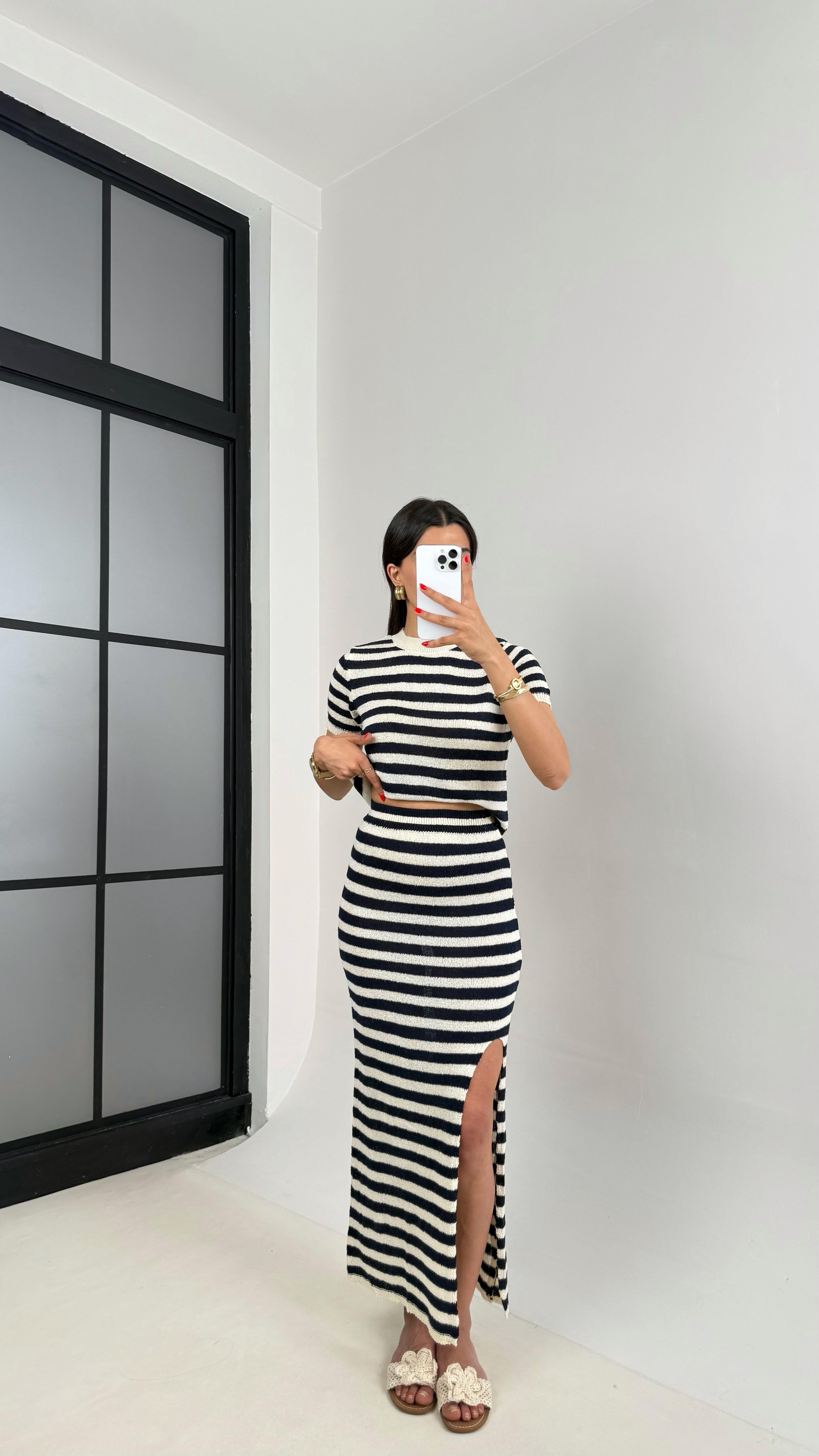 Lacivert Beyaz Şeritli Bluz Yırtmaçlı Etek Triko Takım Gaus00488GausTAKIMGU1002145