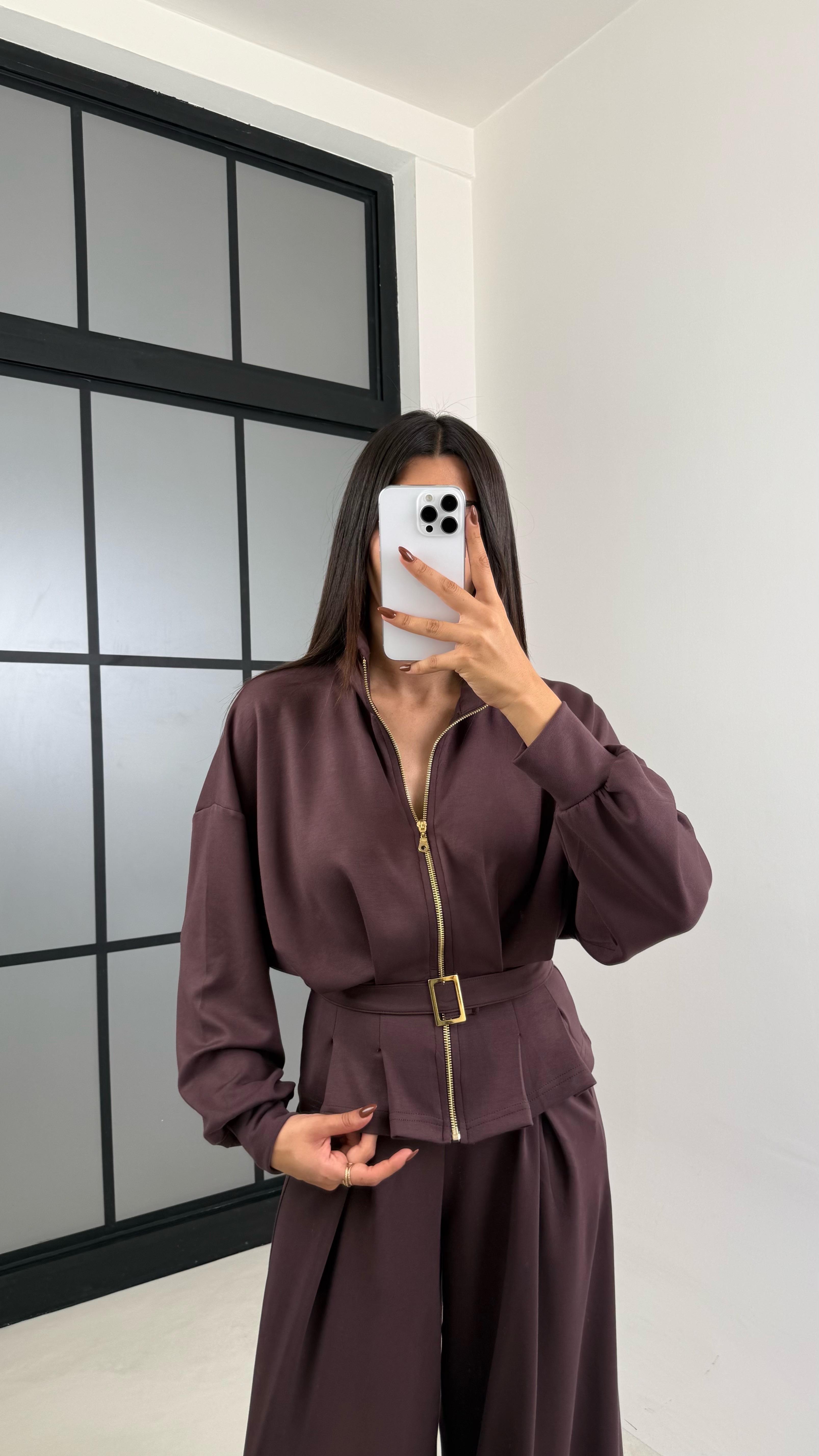 Acı Kahve Kemer Detaylı Hırka Beli Lastikli Geniş Paça Pantolon Modal Takım GAUS-00188GAUSTAKIMGAUS-00188