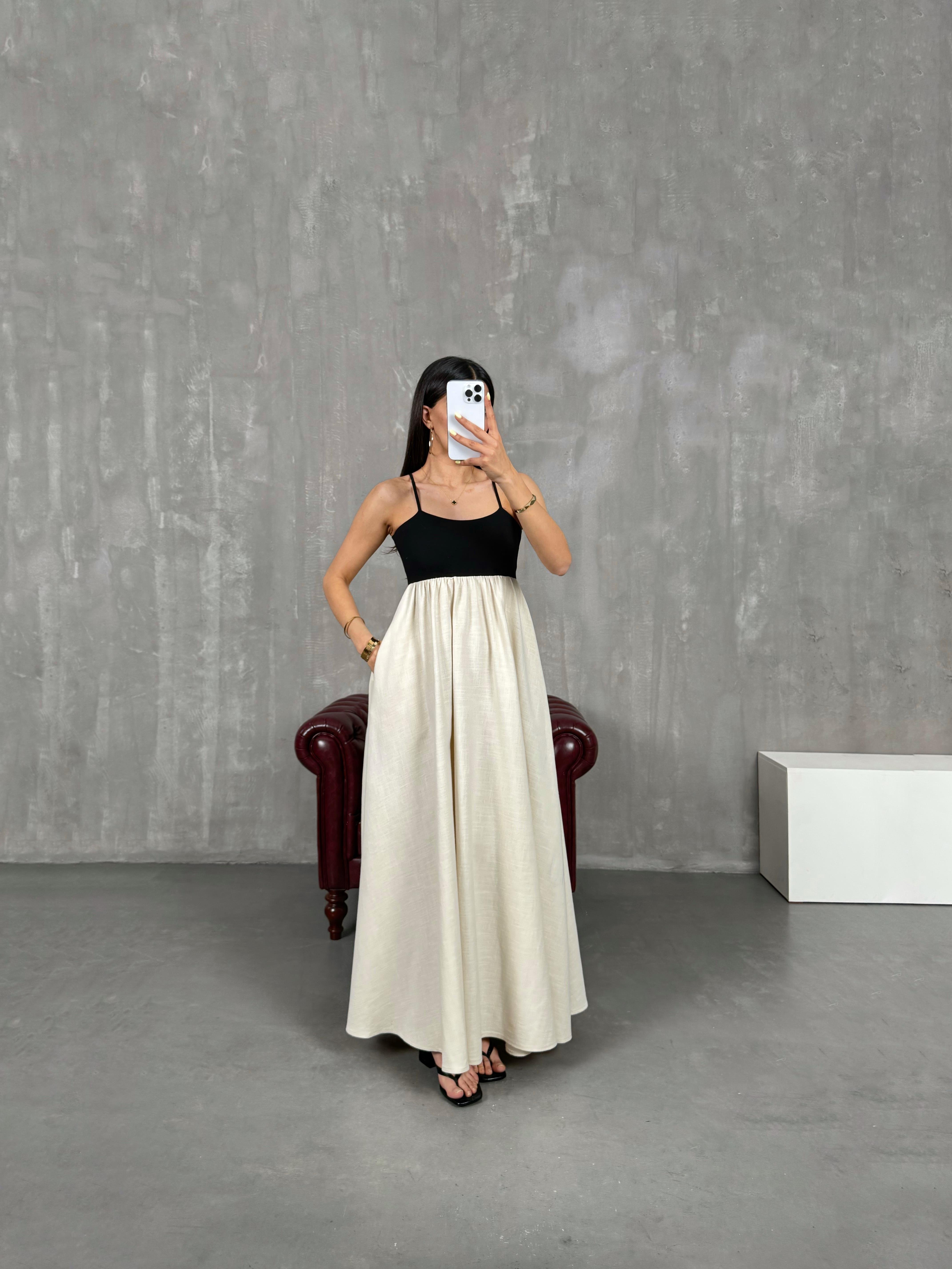 Siyah Taş Renk Bloklu Ayarlanabilir Askılı Elbise Gaus00127GausELBİSEGU1001287