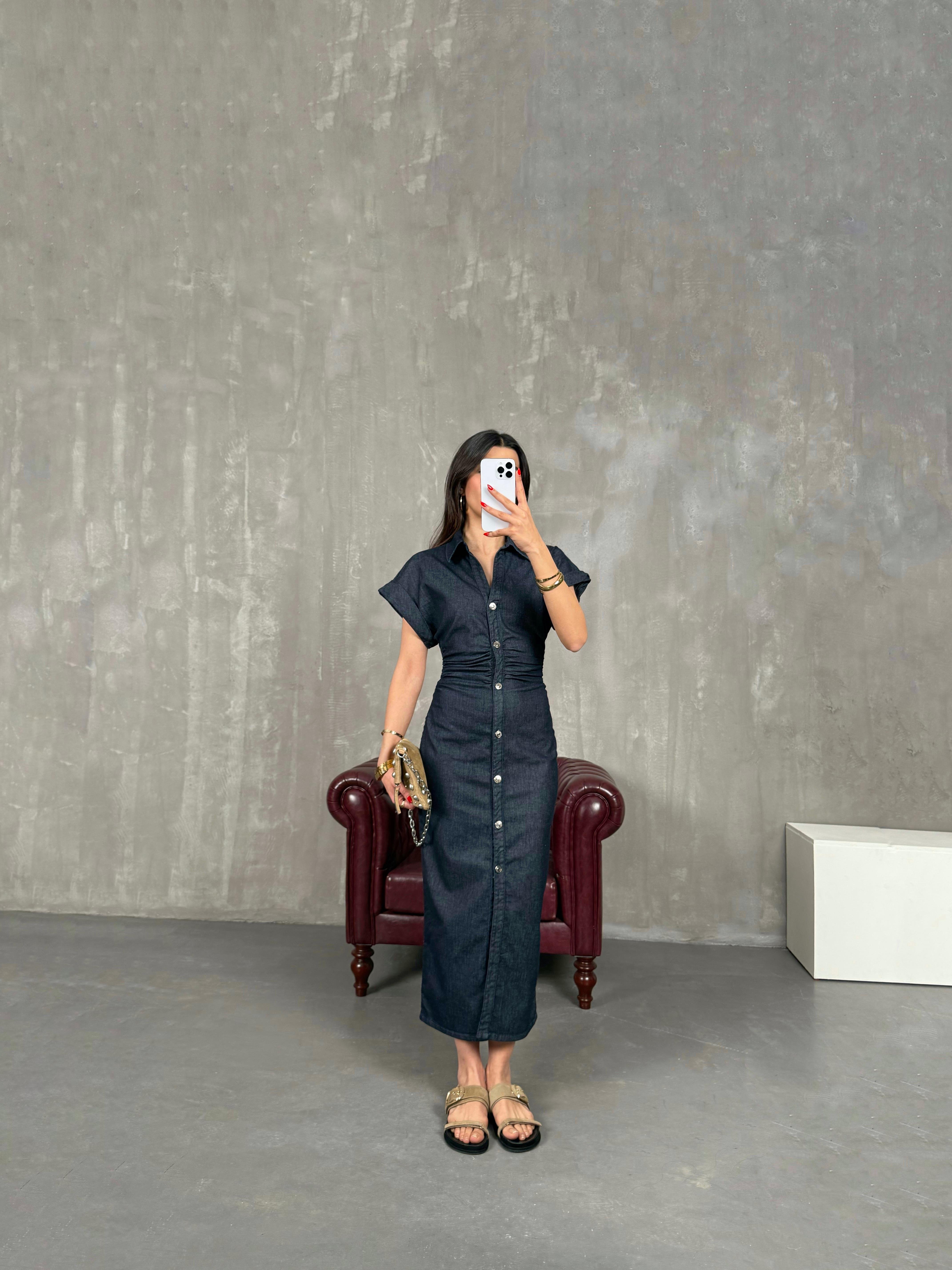 Lacivert Ön Düğmeli Beli Lastikli Denim Elbise Gaus00206GausELBİSEGU1001485